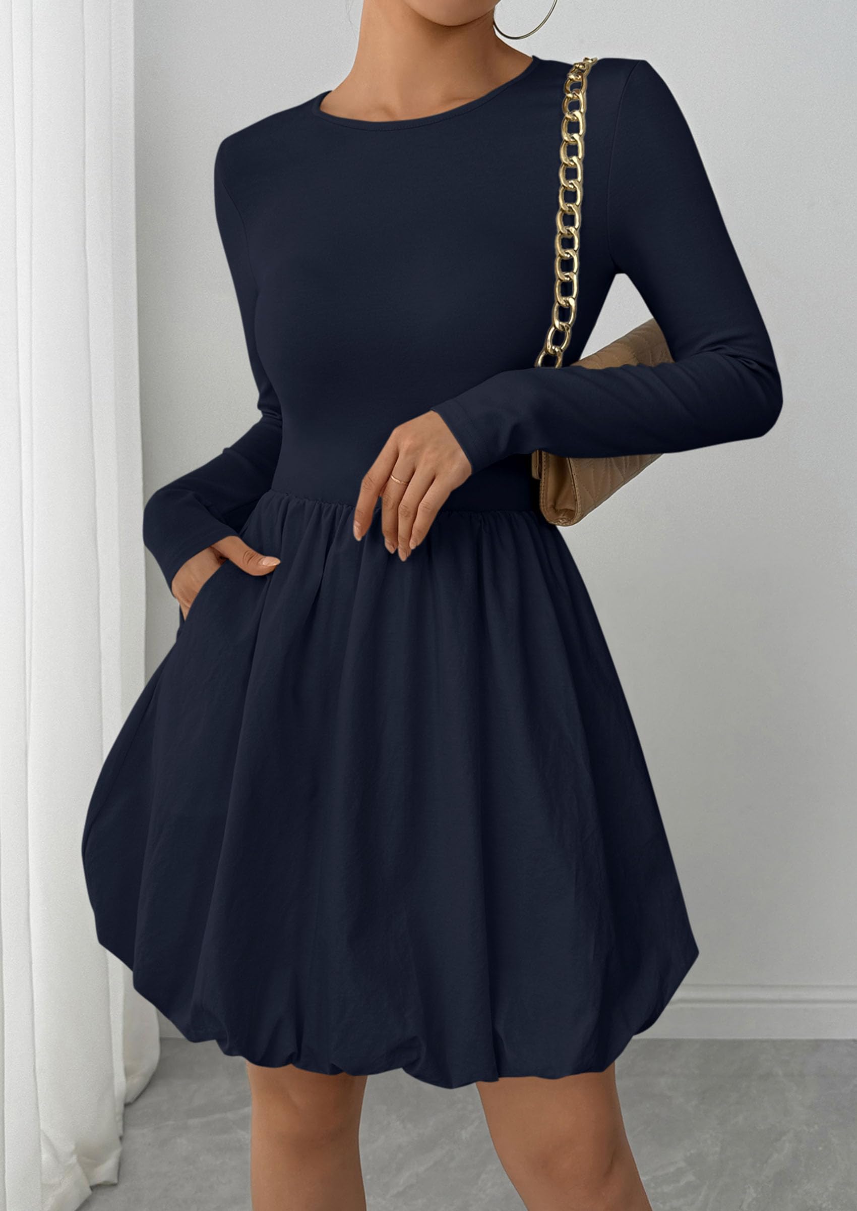 PRETTYGARDEN Fall Dresses for Women Casual Long Sleeve Bubble Cute Crew Neck A Line Mini Short Dress with Pockets