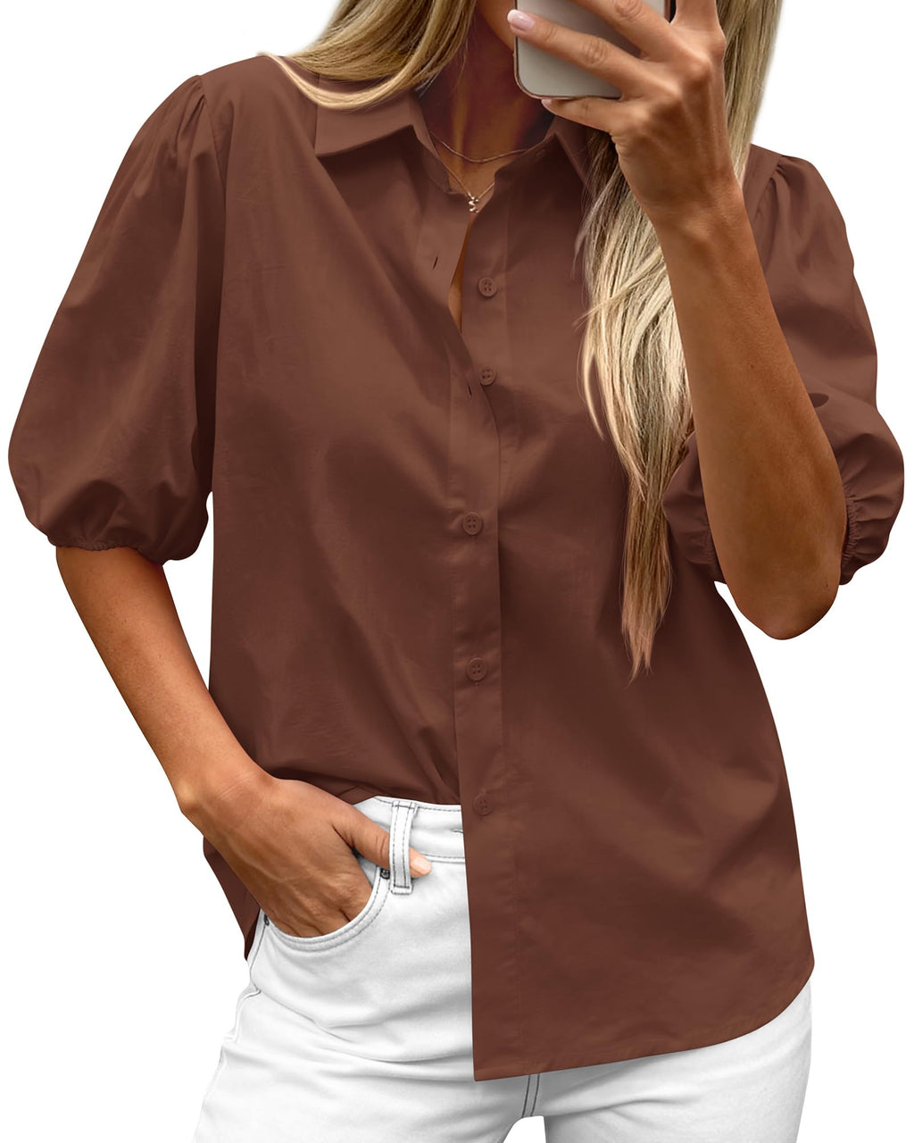 BTFBM Women's Button Down Shirts Short Puff Sleeve Collared V Nec Summer Tops Dressy Casual Work Business Blouses