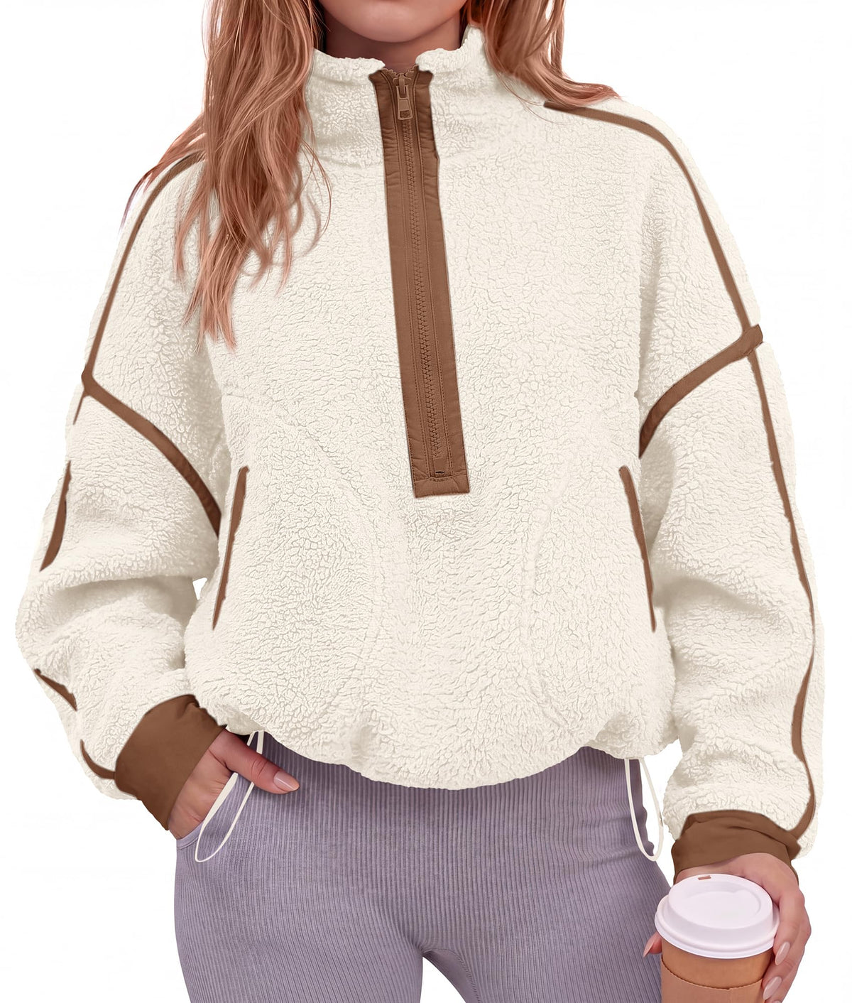 FreshPretty Womens Half Zip Fleece Pullover Sherpa Sweatshirts,Quarter Zip Cropped Jackets With Drawstring,Loose Fit Sweater Tops,Color Block Winter Coats,Trendy Fall Clothes