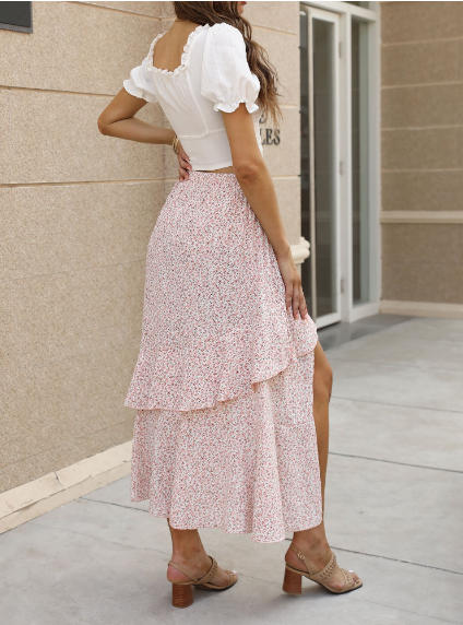 FreshPretty Women Summer Fall Boho Long Skirts Dress Floral Print Elastic Waist Split Ruffle High Low Beach Maxi Skirt