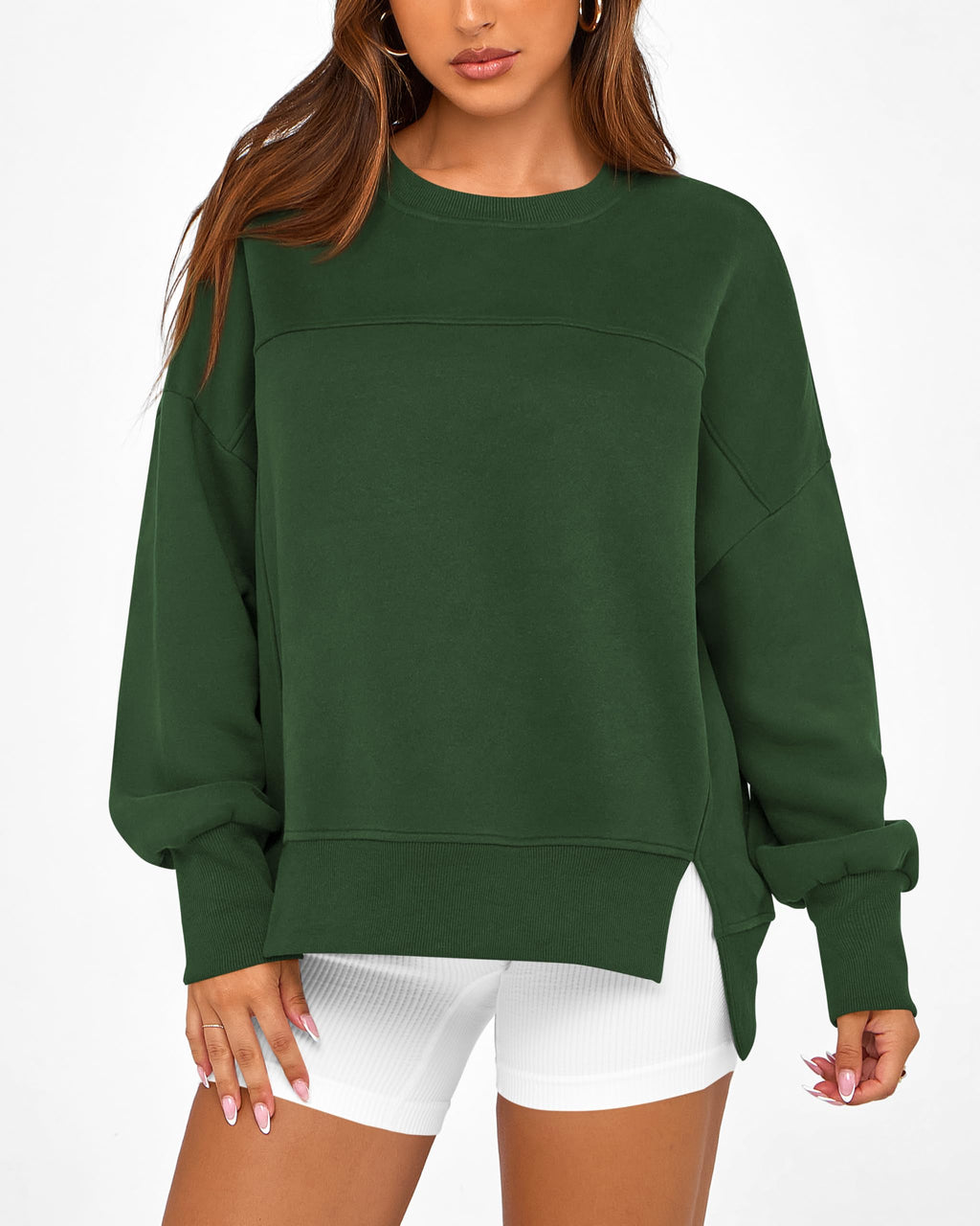 BTFBM Women's Casual Crewneck Sweatshirts Spring Long Sleeve Side Slit Workout Fleece Pullover Top Fashion Clothing