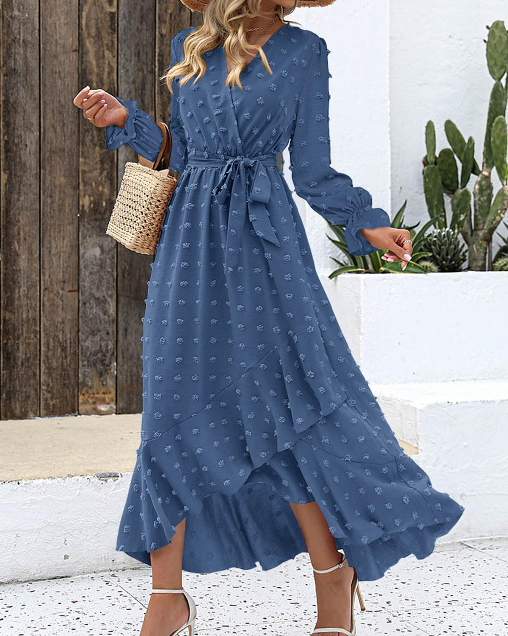 FreshPretty Long Sleeve Maxi Dresses for Women V Neck Swiss Dot Boho Flowy Slit Cocktail Wedding Guest Dress Fall Clothes
