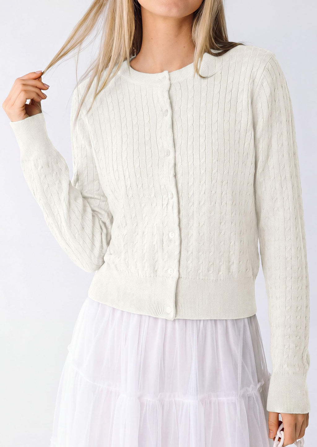 PRETTYGARDEN Women Lightweight Button Up Cardigan Sweaters | Soft Stretchy, Cozy Cable Knit, Long Sleeve Crew Neck, Trendy Cardigans, Cute Casual Outfits, Early Fall Fashion Clothing