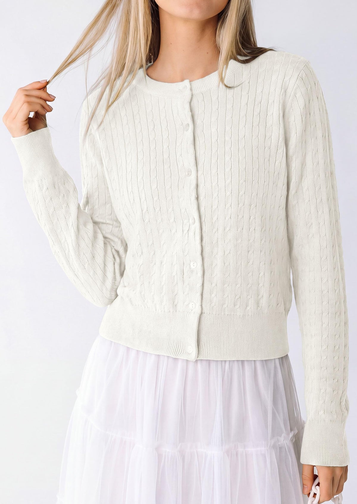PRETTYGARDEN Women Lightweight Button Up Cardigan Sweaters | Soft Stretchy, Cozy Cable Knit, Long Sleeve Crew Neck, Trendy Cardigans, Cute Casual Outfits, Early Fall Fashion Clothing