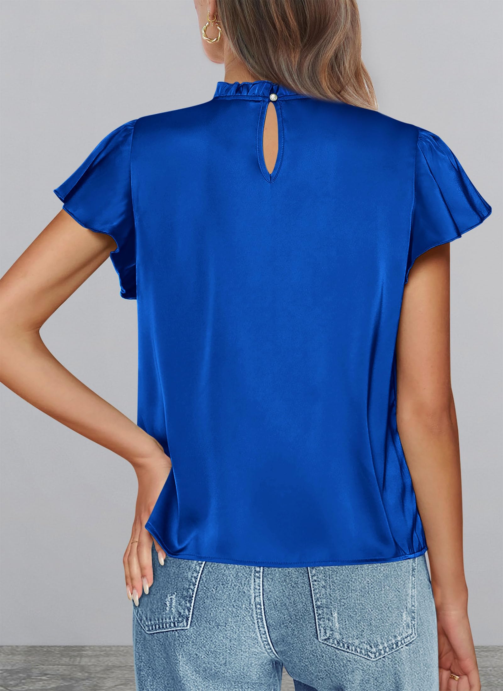 PRETTYGARDEN Business Casual Tops for Women Blouses Dressy  Summer Short Sleeve Ruffle Satin Work Office Attire