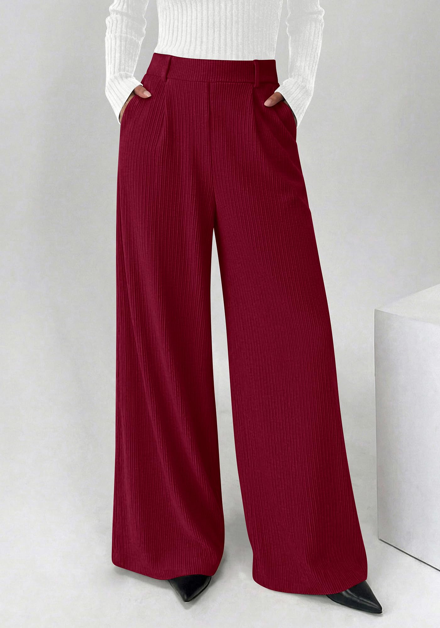 BTFBM Wide Leg Pants for Women Dressy Work Business Casual Elastic High Waisted Trousers Ribbed Lounge Palazzo Pants