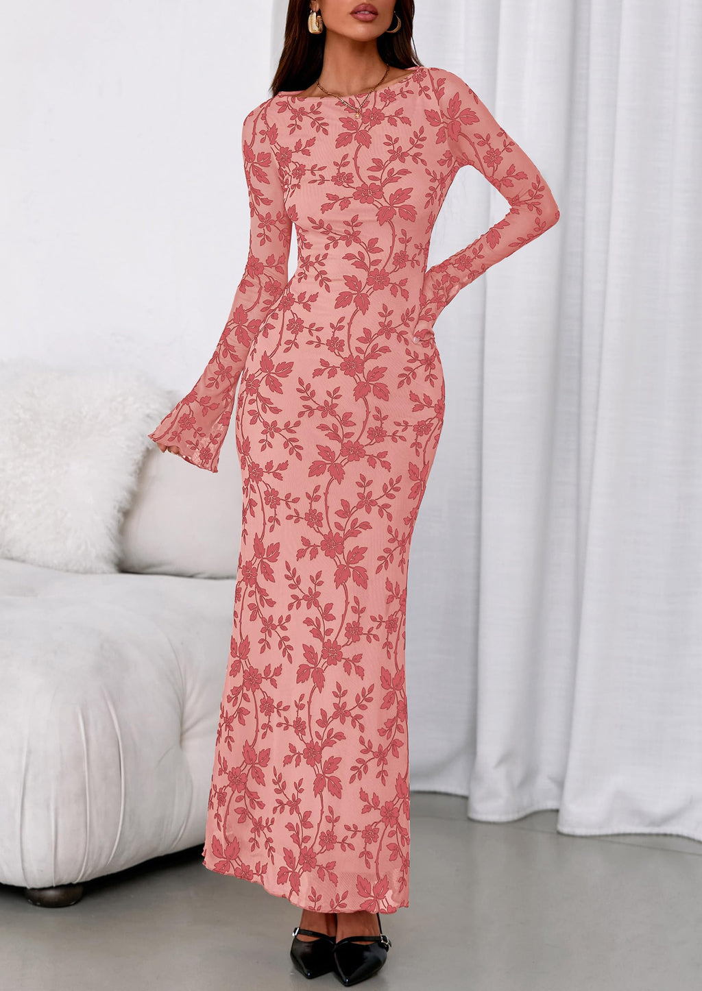 PRETTYGARDEN Women's Floral Bodycon Maxi Dress Fall Elegant Mesh Long Sleeve Formal Wedding Guest Cocktail Dresses