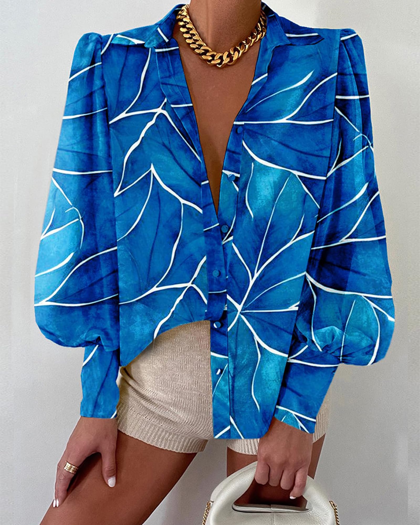 BTFBM Women Fashion Button Down Shirts V Neck Boho Printed Long Sleeve Blouses Dressy Casual Spring Fall Tops