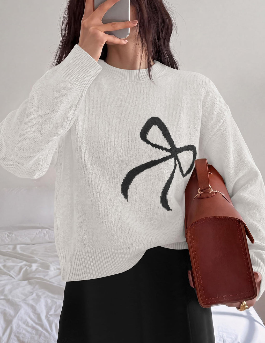 PRETTYGARDEN Womens Bow Sweater Cute Crewneck Long Sleeve Tops Fall Soft Cozy Knit Pullover,Relaxed Fit,Holiday Sweaters,Daily Wear,Work Office,Casual Going Out Y2k Tops,Winter Fashion Clothing