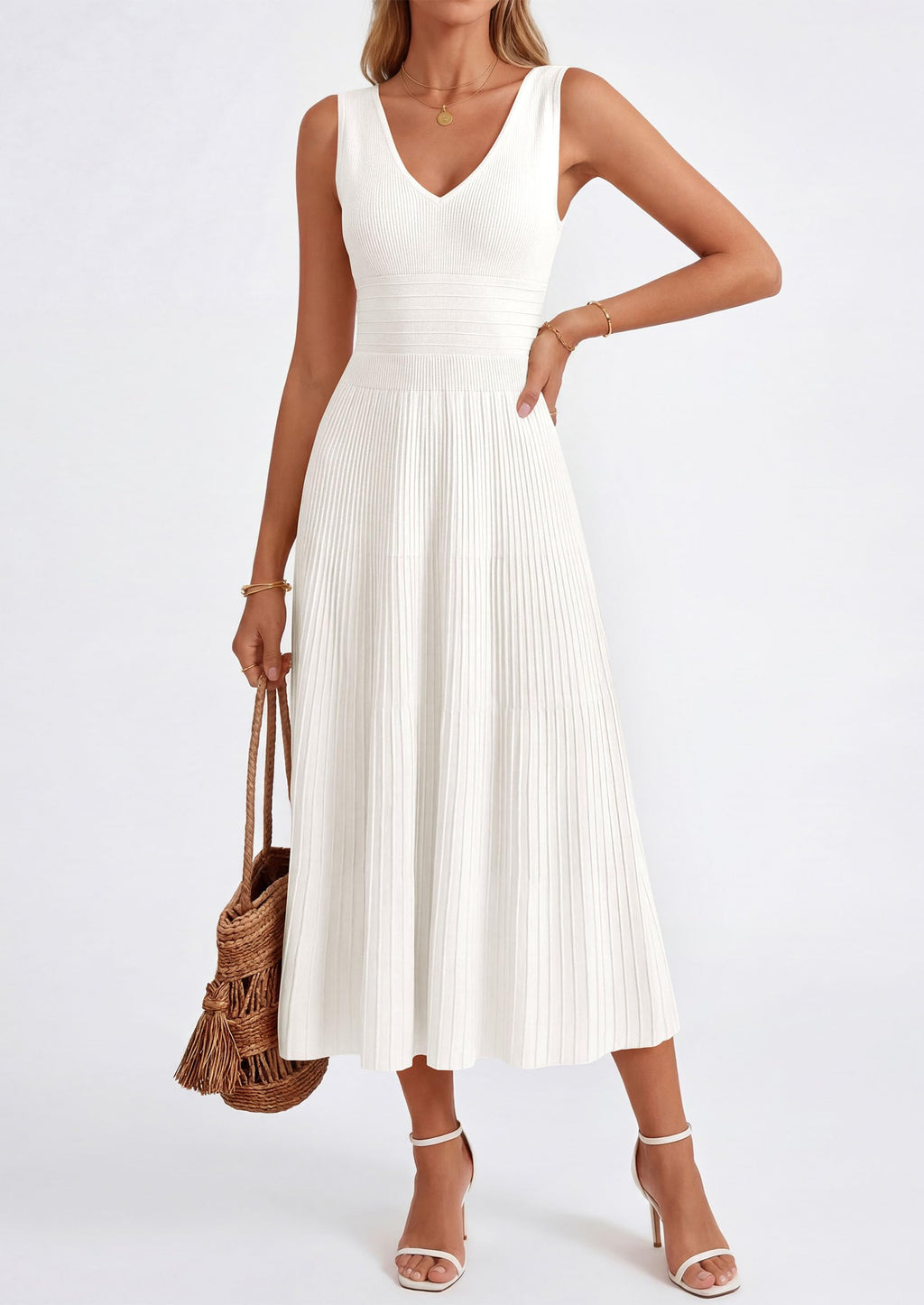 PRETTYGARDEN Women's Summer Casual Dresses Spring Sleeveless V Neck Knit Midi Business Work A Line Cocktail Dress