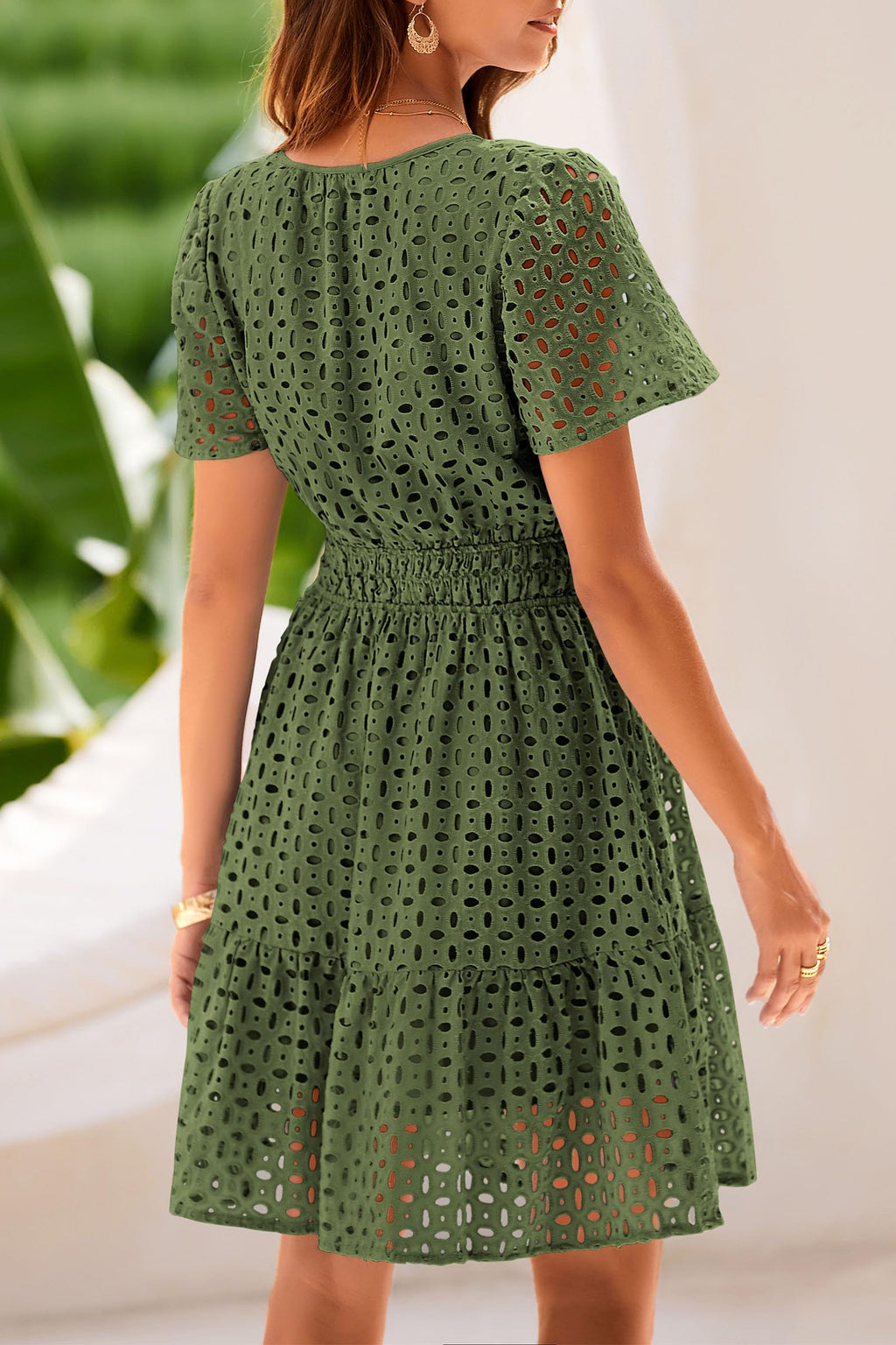 PRETTYGARDEN Womens Summer Short Dress V Neck Short Sleeve A Line Hollow Out Lace Ruffle Cute Casual Beach Party Dresses