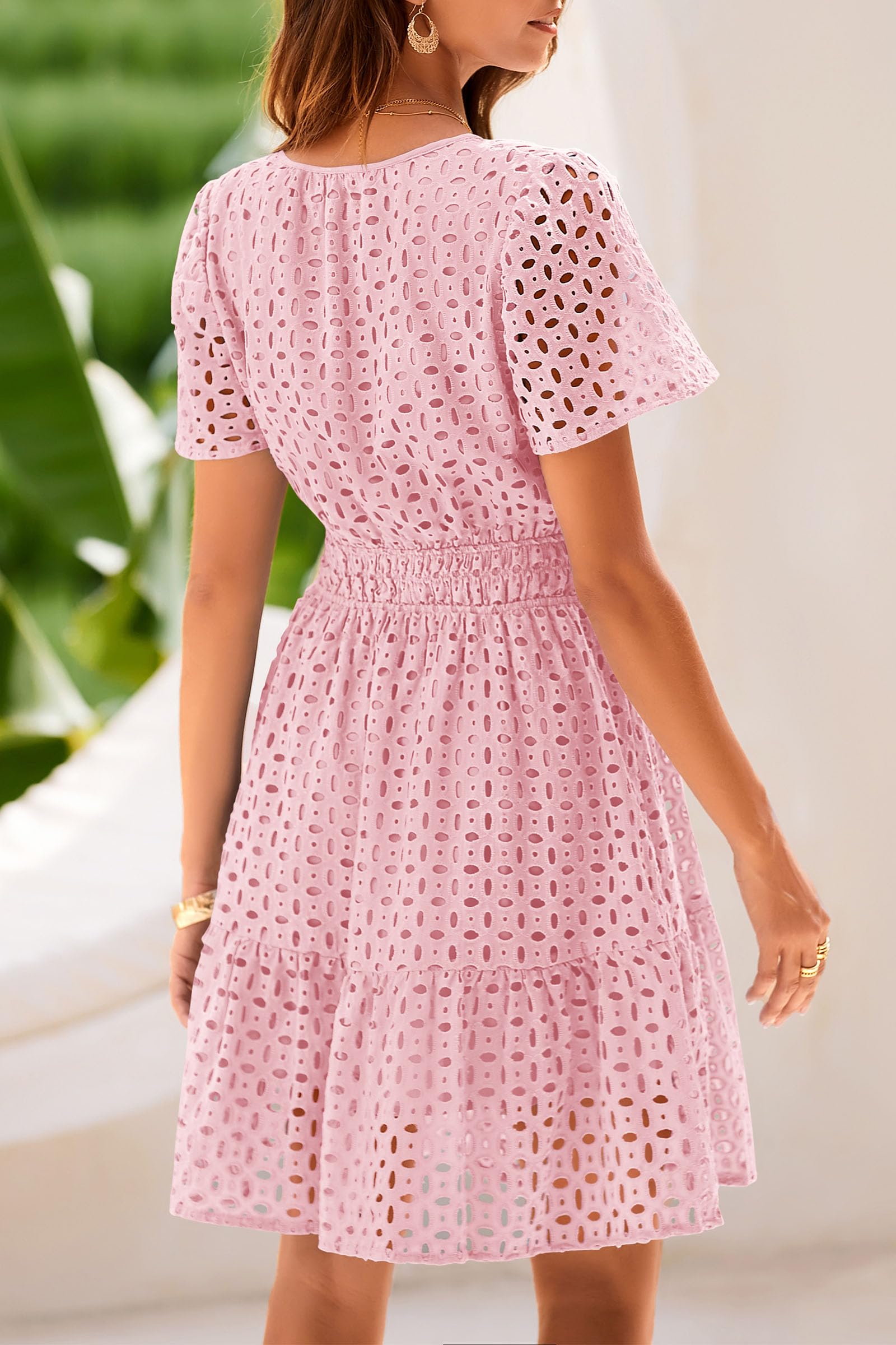 PRETTYGARDEN Womens Summer Short Dress V Neck Short Sleeve A Line Hollow Out Lace Ruffle Cute Casual Beach Party Dresses