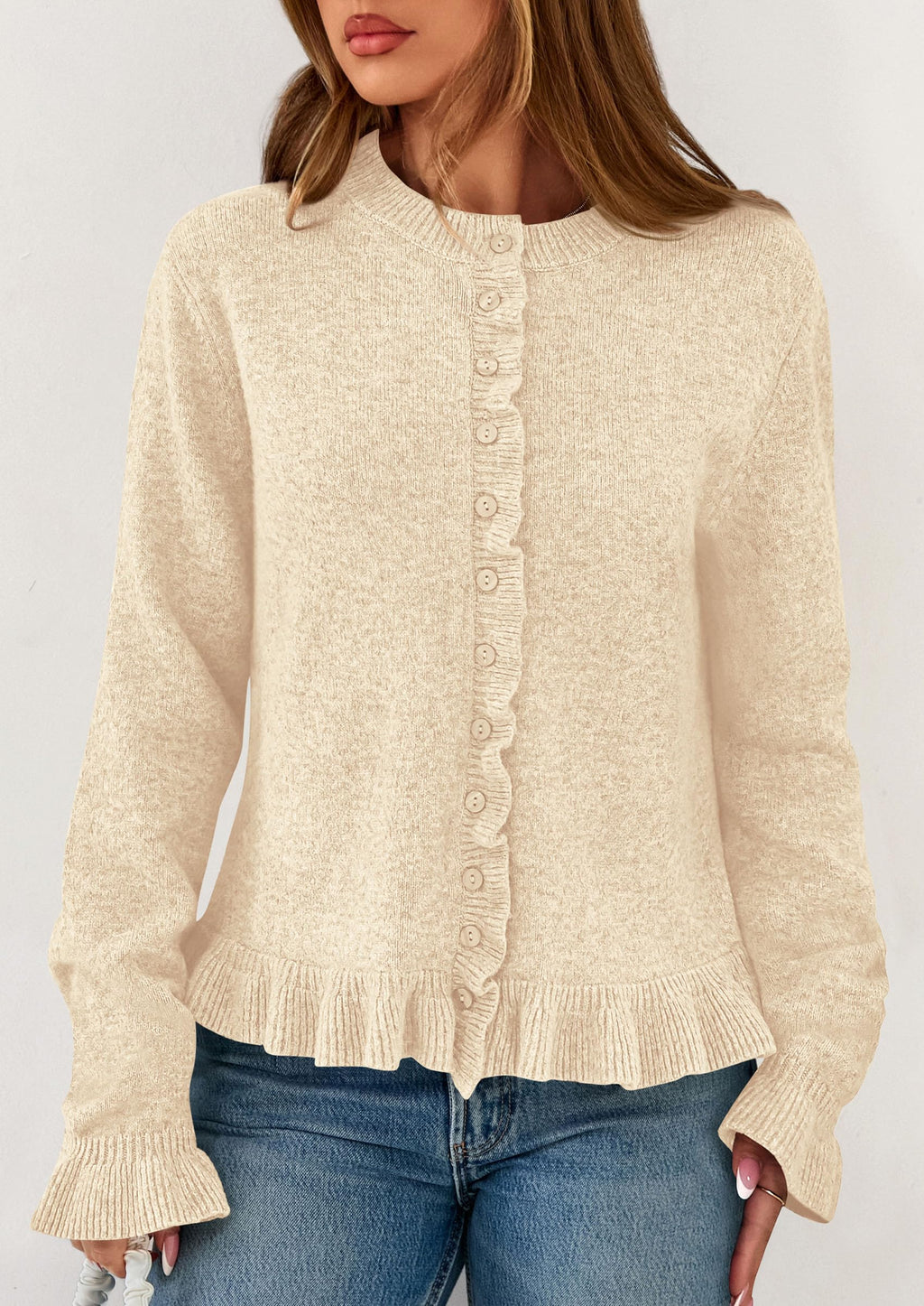 PRETTYGARDEN Womens Fall Button Down Cardigans Chunky Knit Ruffle Open Front Cropped Cardigan Sweaters Soft Long Sleeve Tops