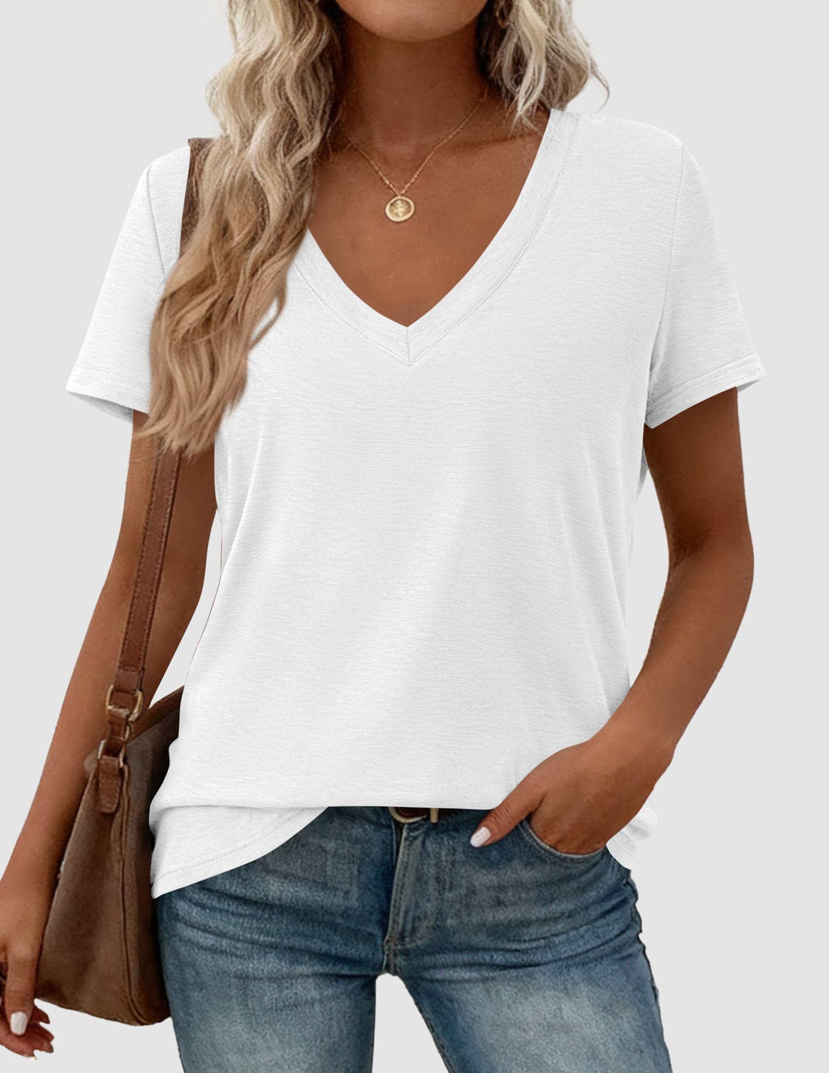 PRETTYGARDEN Womens Tops Short Sleeve Oversized Tshirts Shirts Summer Casual V Neck Loose Basic Tees Spring Tunic Blouse