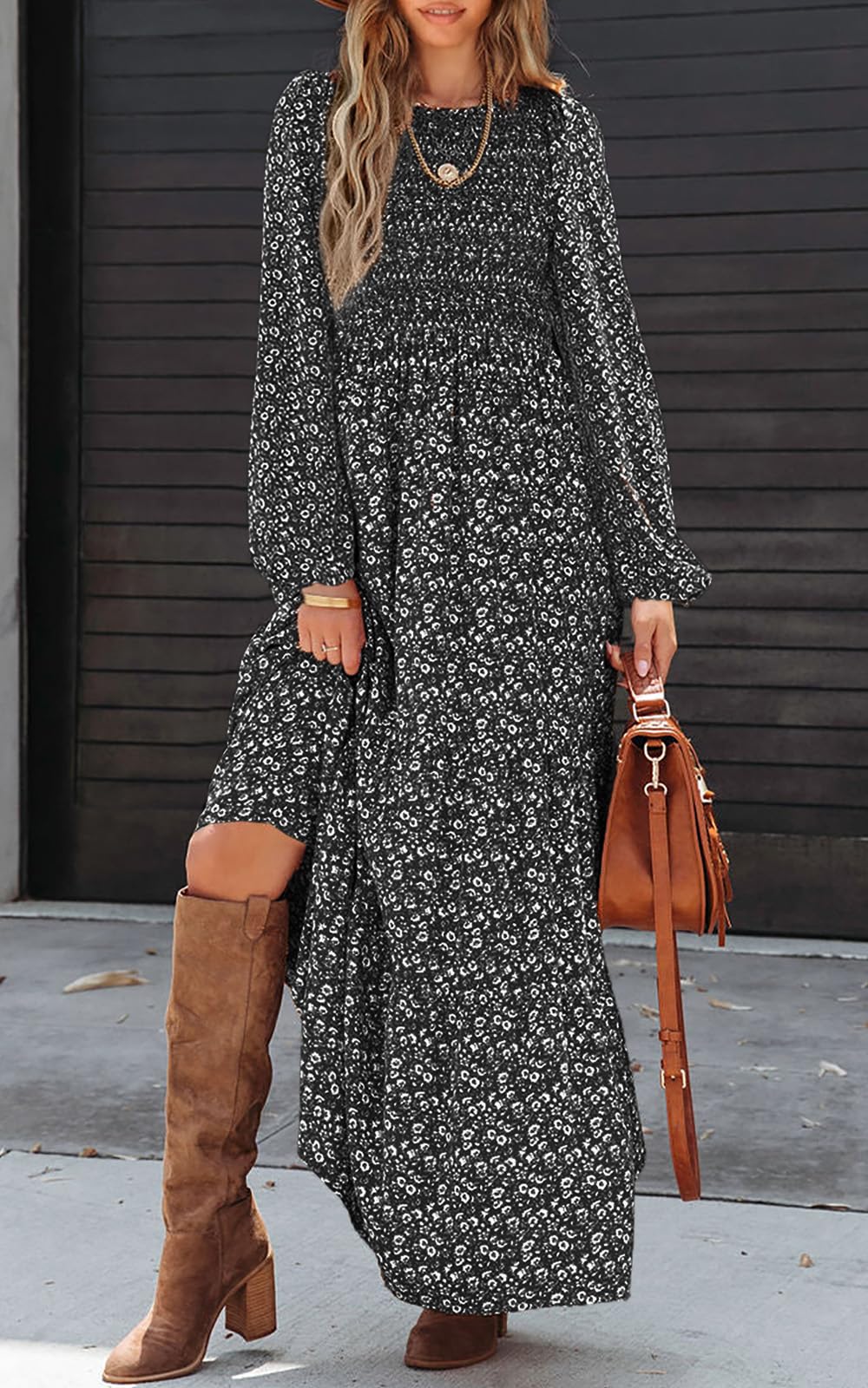 PRETTYGARDEN Women's Fall Dresses Long Sleeve Flowy Casual Floral Maxi Dress Crew Neck Smocked Tiered Long Dress