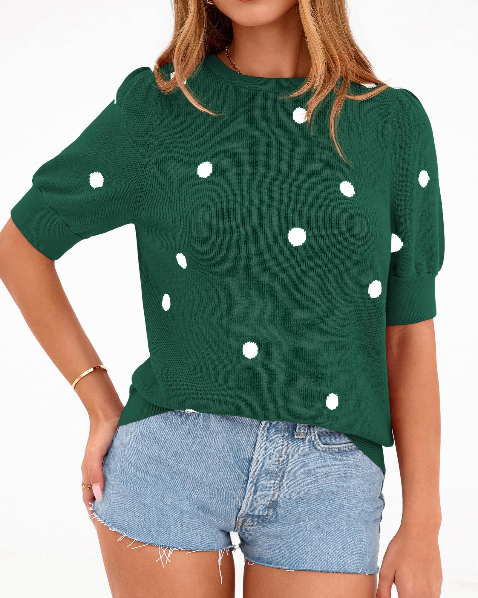 BTFBM Womens Sweaters Polka Dot Short Sleeve Sweater for Women Crew Neck Knit Summer Tops Business Dressy Casual Blouses