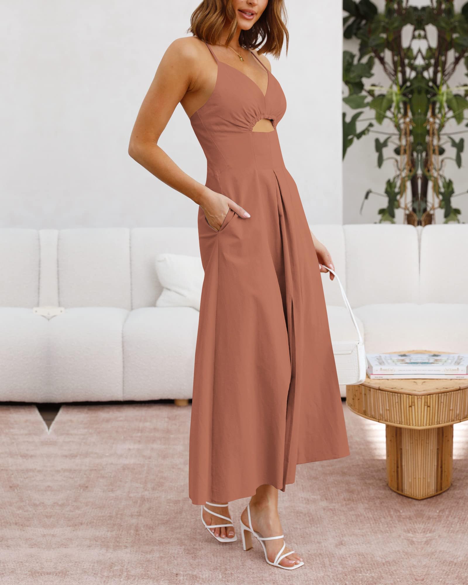 BTFBM Women Spaghetti Strap Midi Summer Dresses Sleeveless V Neck Cutout Slit Casual Beach Party Maxi Dress Pockets