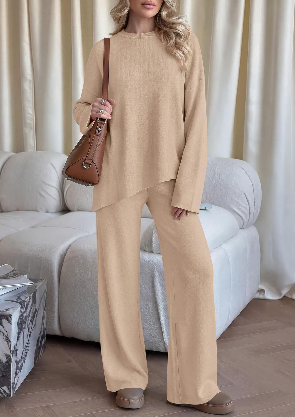 PRETTYGARDEN Womens Fall 2 Piece Asymmetric Cozy Sweater Travel Lounge Sets Crewneck Drop Shoulder Tops, Wide Leg Pants, Soft Casual Knit Matching Set,Vacation Airport Holiday Outfits