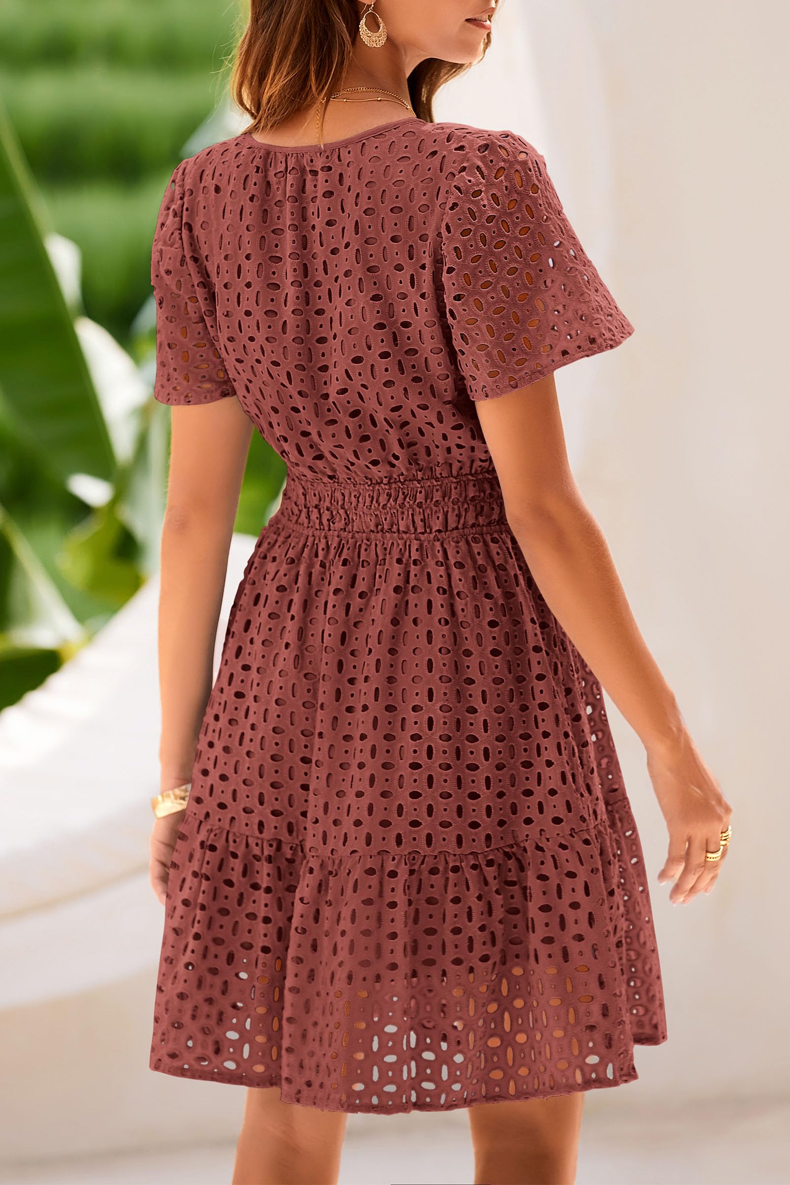 PRETTYGARDEN Womens Summer Short Dress V Neck Short Sleeve A Line Hollow Out Lace Ruffle Cute Casual Beach Party Dresses