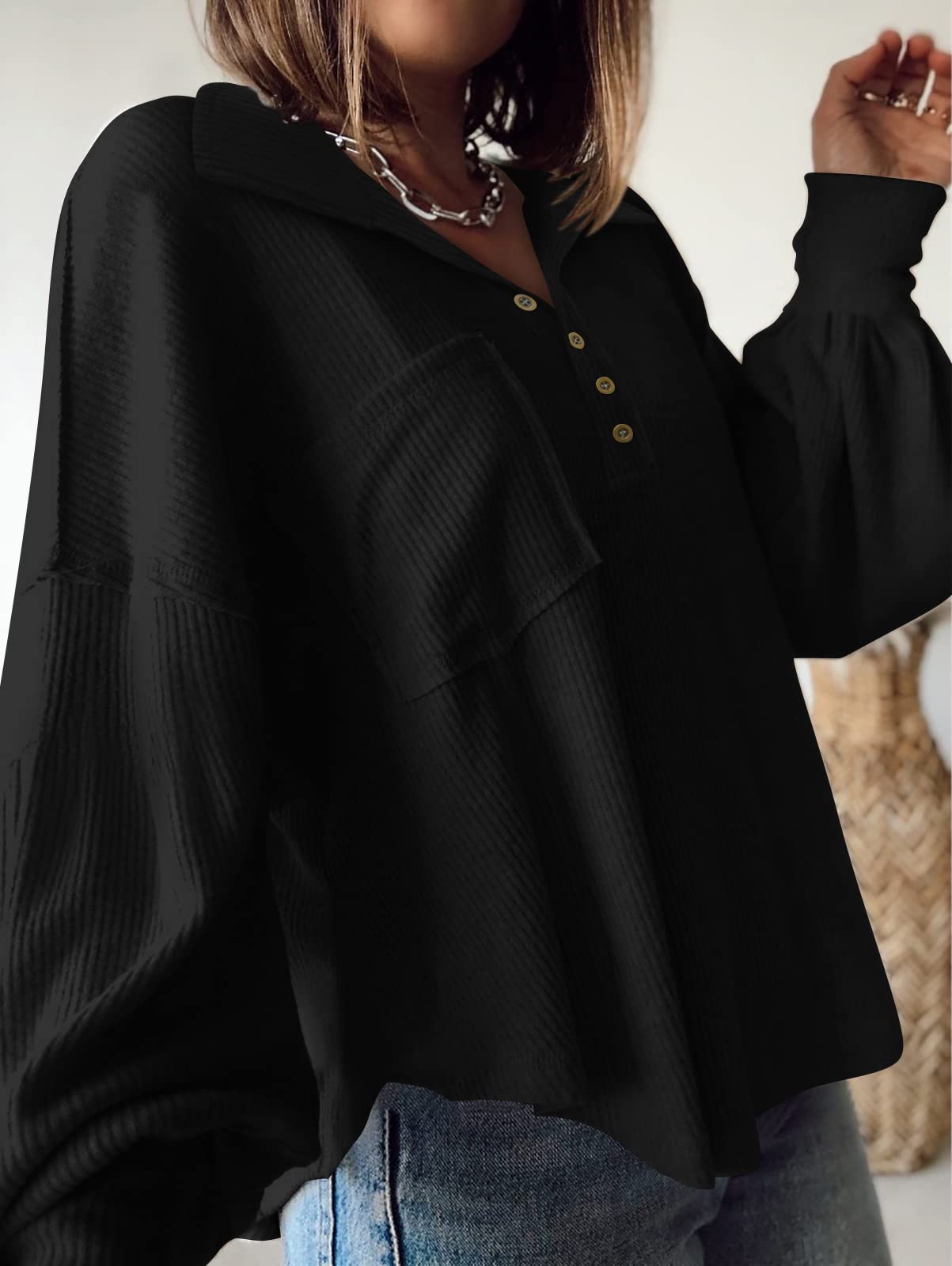 FreshPretty Womens Fall Fashion Long Sleeve Shirts Casual V Neck Ribbed Knit Blouses Pullover Trendy Loose Fit Tunic Tops