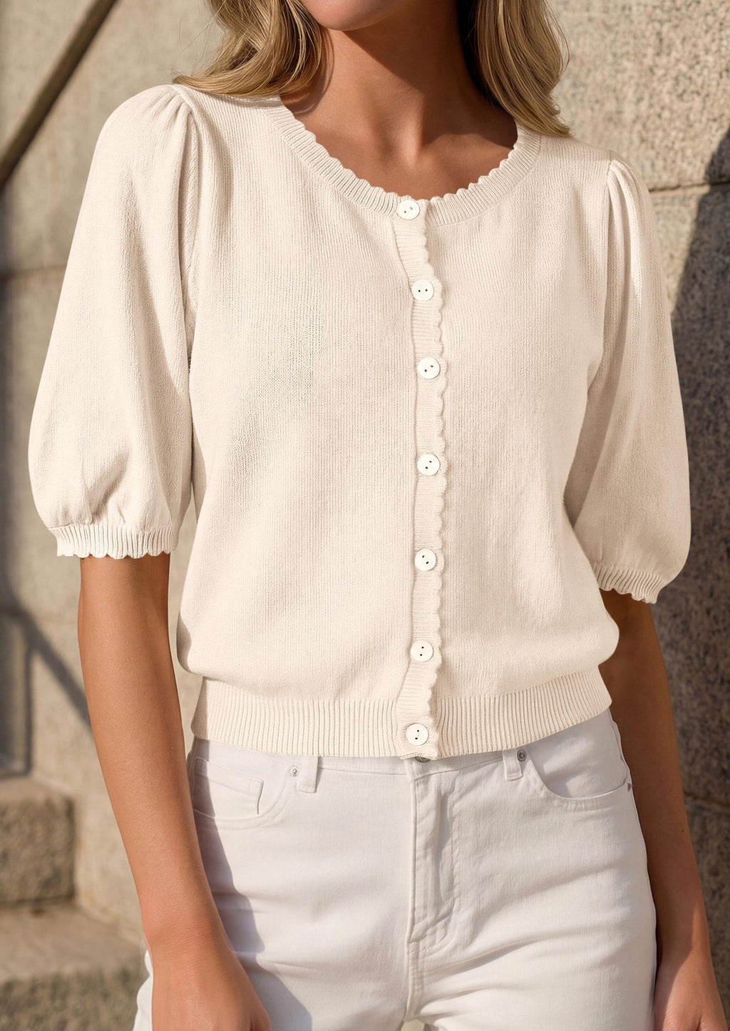 PRETTYGARDEN Puff Short Sleeve Cardigans for Women Lightweight Summer Shirts Button Up Knit Sweater Tops Spring Clothes