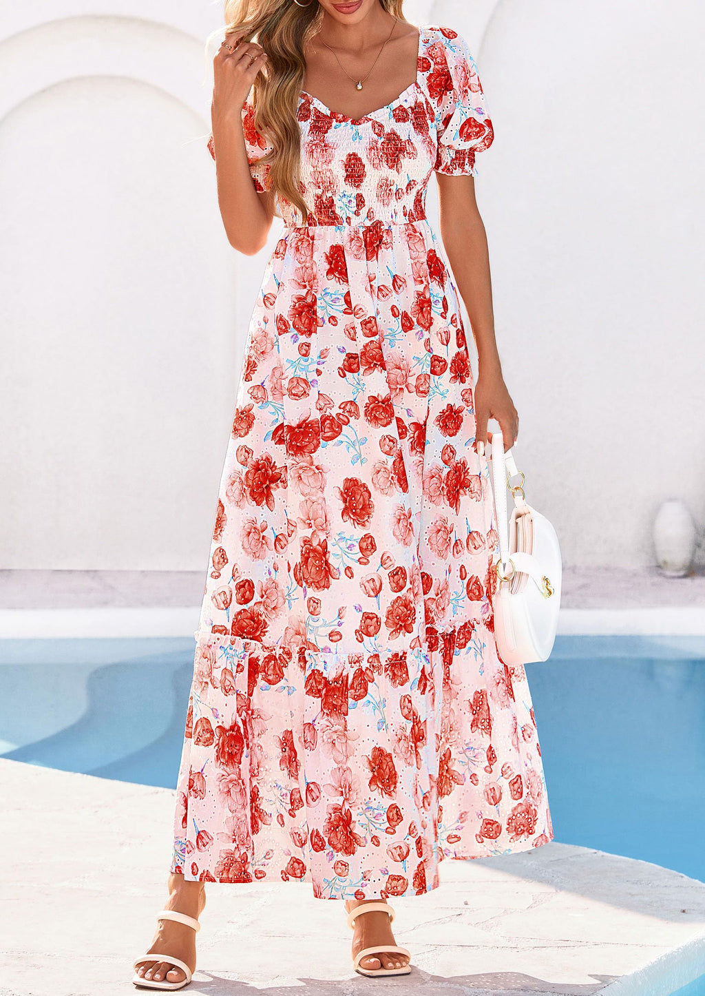 PRETTYGARDEN Women's Floral Boho Maxi Dresses Flowy Short Sleeve A Line Smocked Eyelet Summer Beach Vacation Clothes