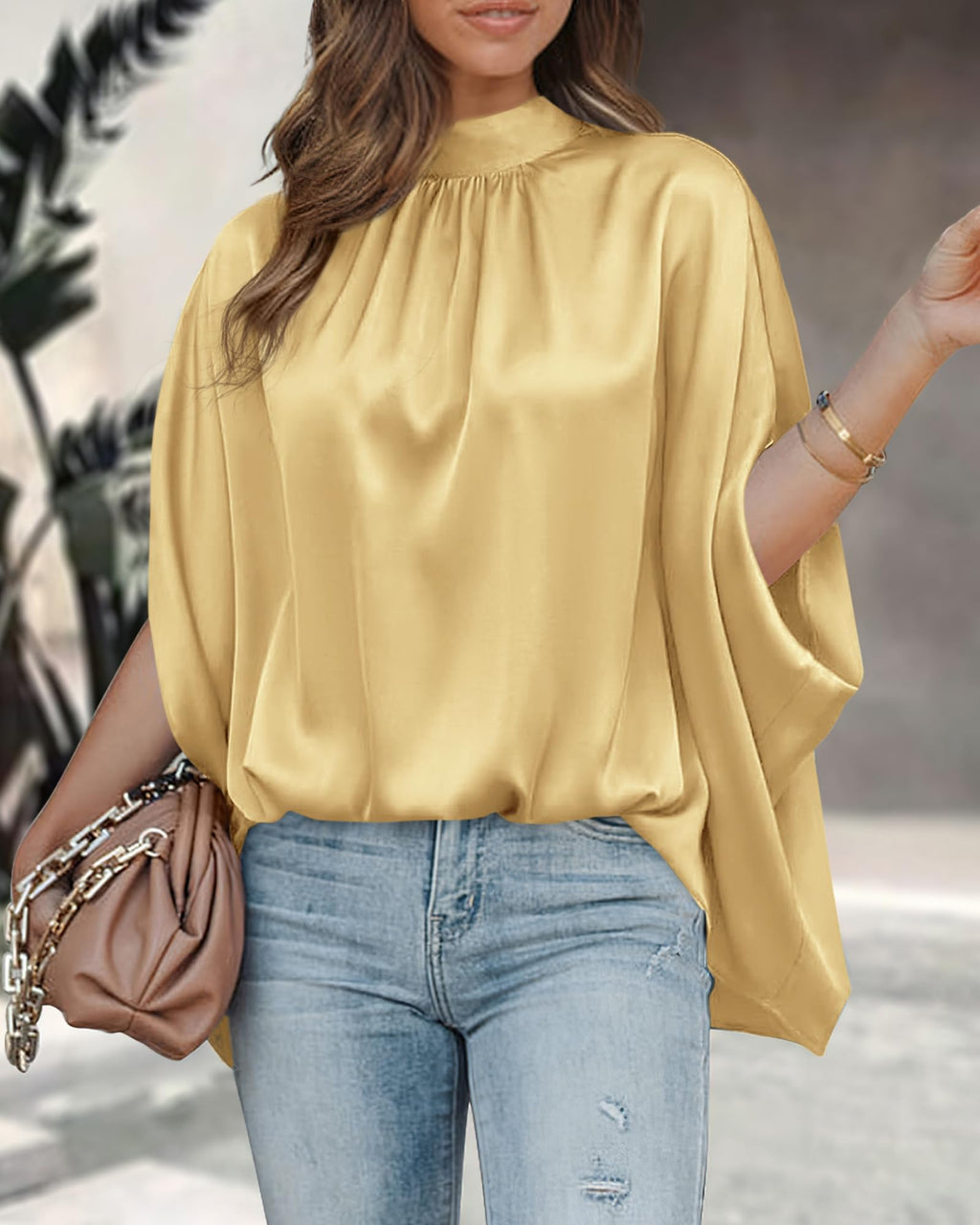 BTFBM Womens Summer Tops Mock Neck Batwing Sleeve Silk Satin Shirts Loose Oversized Dressy Casual Spring Blouses
