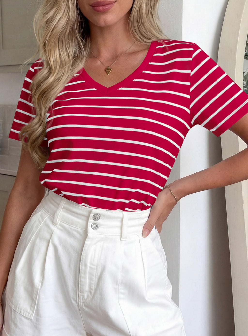 PRETTYGARDEN Short Sleeve Shirts for Women Spring V Neck Cute Tops Casual Striped Shirt Knitted Tees Summer Outfits