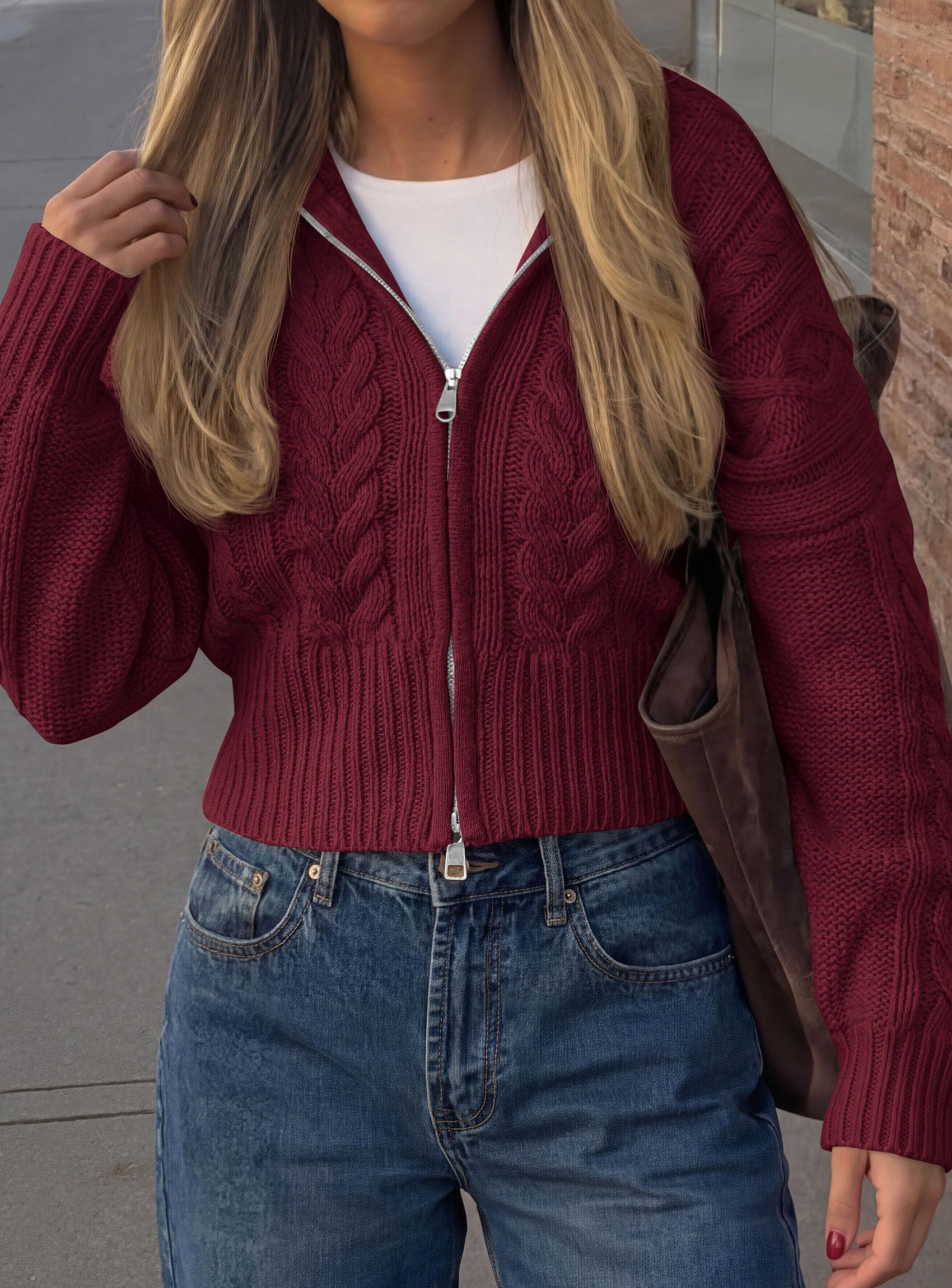 PRETTYGARDEN Women's Cable Knit Cropped Cardigan Sweaters Oversized Sweater, Long Sleeve Zip Up Jacket, Collared Neck, Ribbed Hem, Cozy Soft Casual Wear, Fall Clothes Winter Outerwear