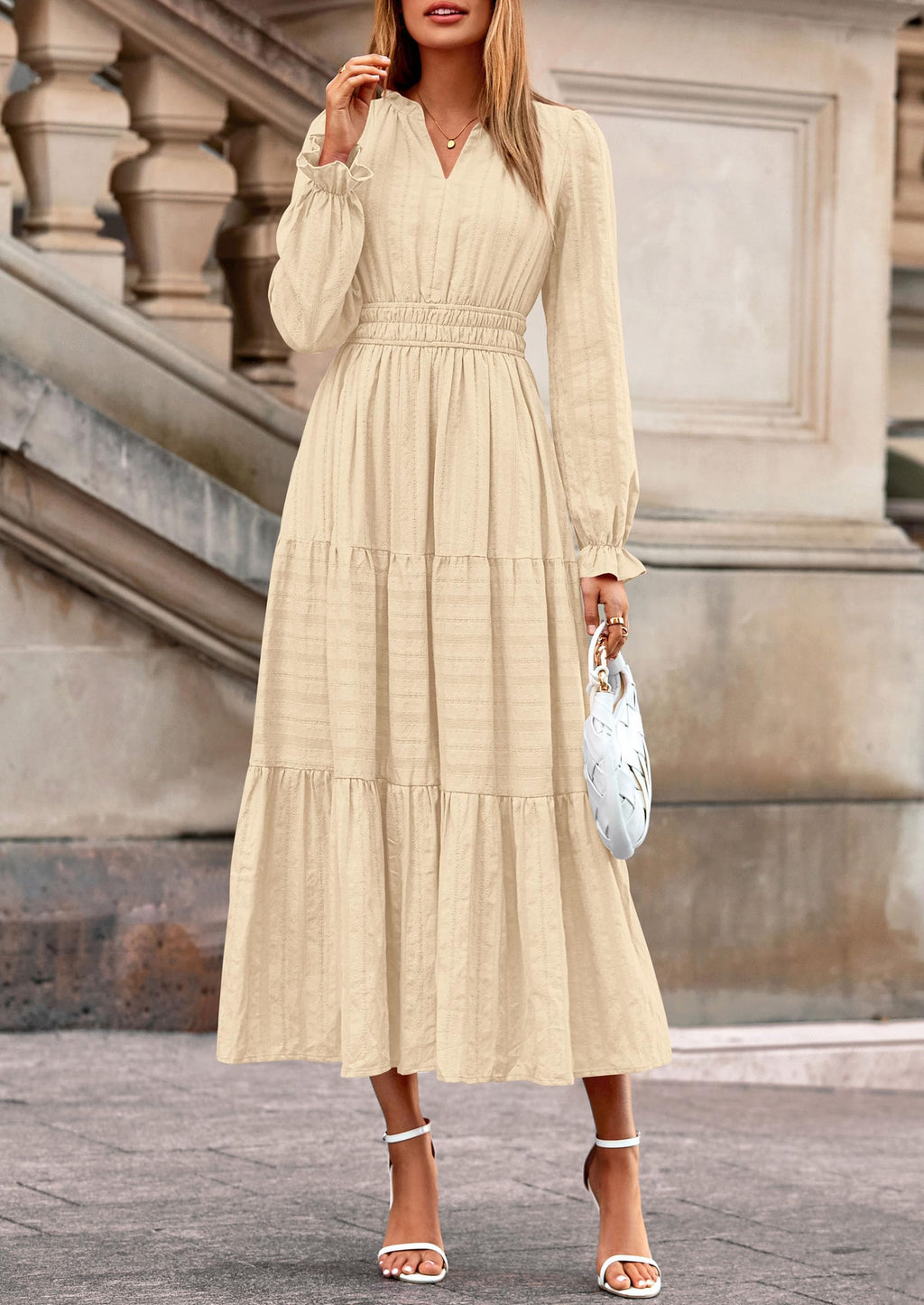 PRETTYGARDEN Women's Fall Wedding Guest Dresses Long Sleeve V Neck Flowy Elegant Holiday Party Maxi Dress with Pockets