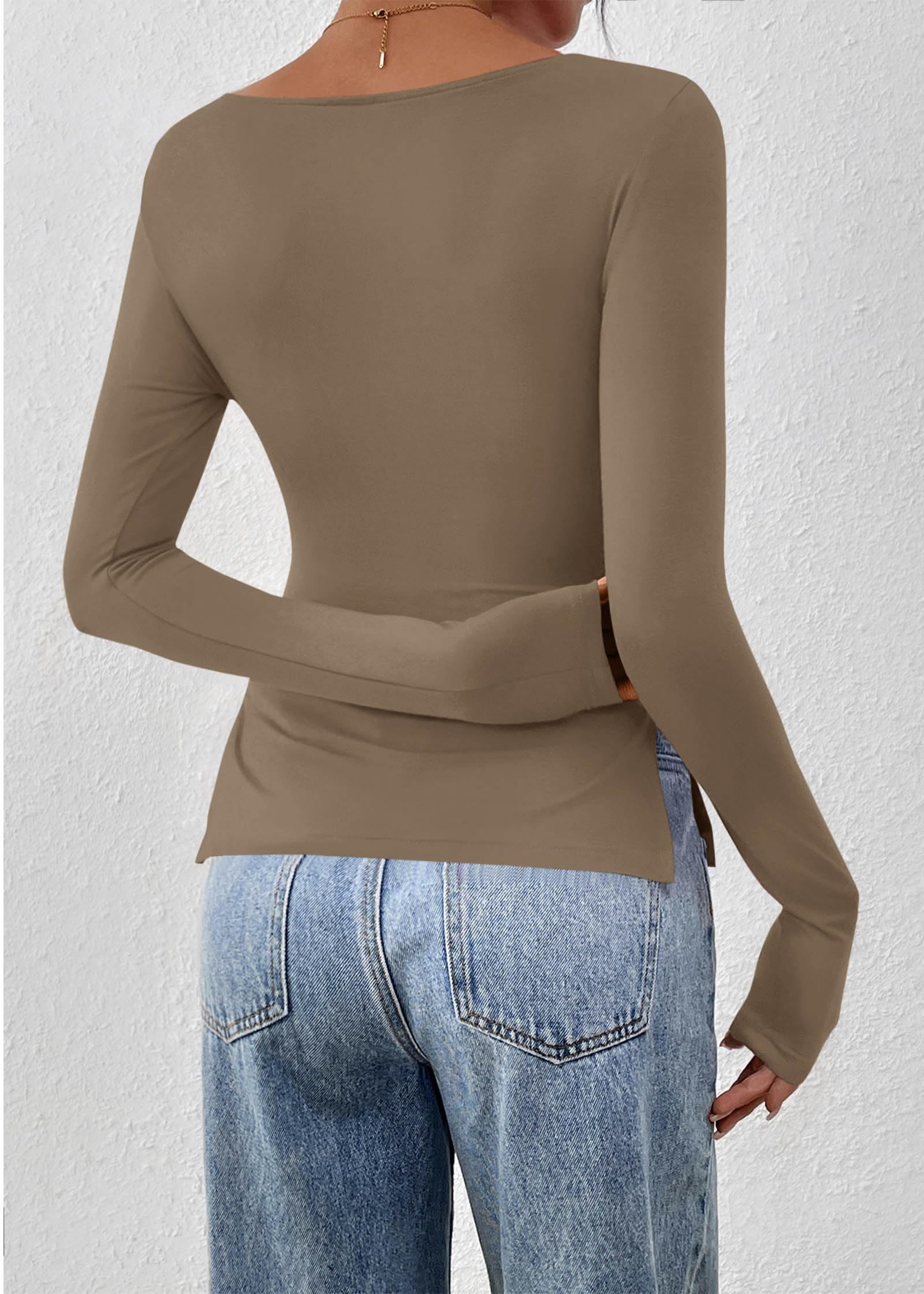 FreshPretty Long Sleeve Shirts for Women Fall Casual Boat Neck Knit Workout Going Out Tops Fitted Side Slit Basic Tees