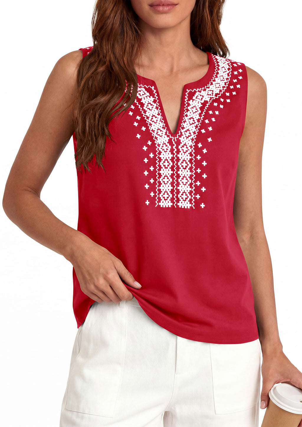 PRETTYGARDEN Womens Tank Tops Summer Causal V Neck Sleeveless Shirts Floral Print Embroidered Beach Vacation Boho Top