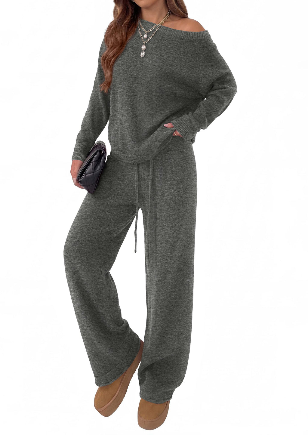 PRETTYGARDEN Lounge Sets Womens Sweaters Two Piece Outfits Cozy Boat Neck Long Sleeve Tops, Wide Leg Pants with Drawstring, Casual Fall Fashion Airport & Travel, Knit Matching Set