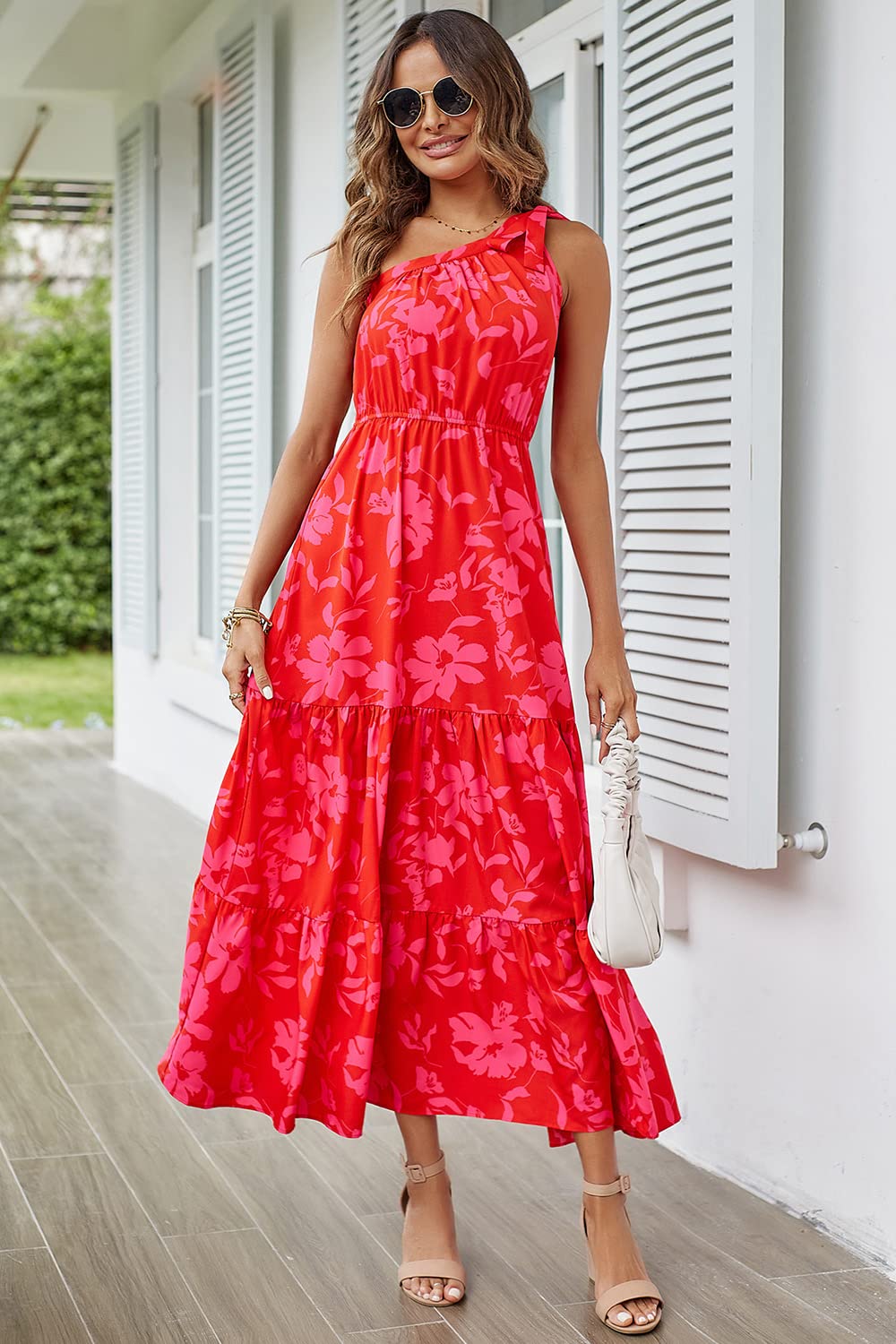 PRETTYGARDEN Women's Summer Floral One Shoulder Maxi Dress Knot Ruffle Boho Beach Vacation Wedding Guest Long Sun Dresses