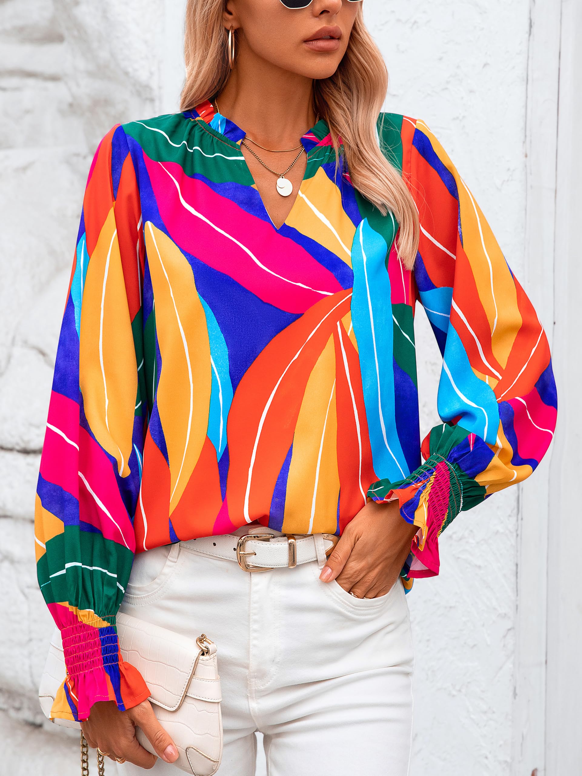 FreshPretty Womens V Neck Floral Long Sleeve Tops Summer Casual Loose Puff Sleeve Chiffon Boho Work Blouse Dressy T Shirts