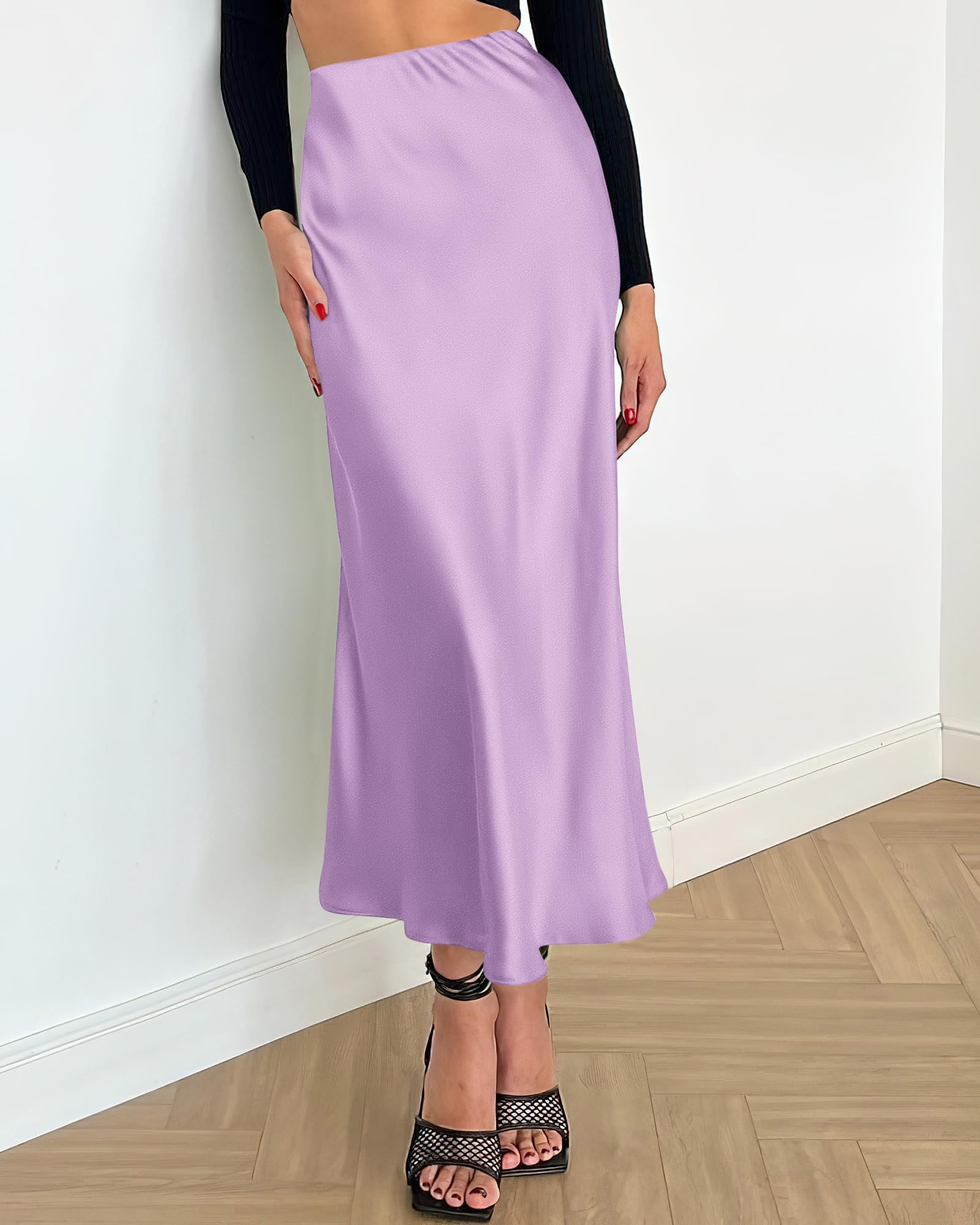 BTFBM Summer Womens Skirts Silk Elegant High Waist Flowy Long Satin A-Line Midi Skirt Cocktail Wedding Party