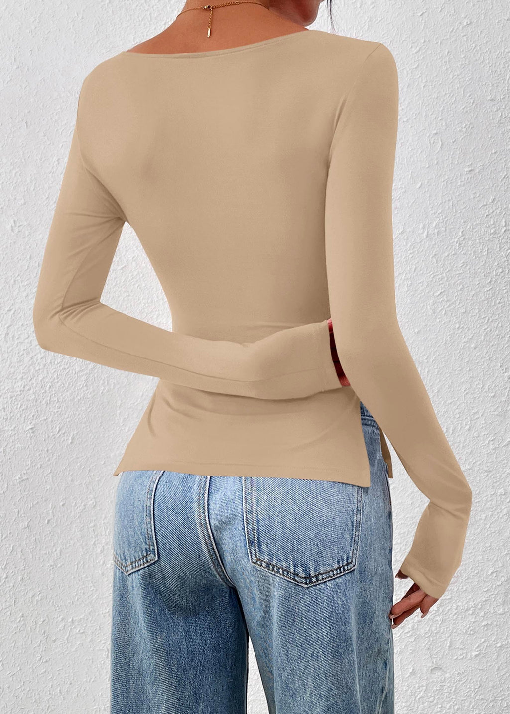 FreshPretty Long Sleeve Shirts for Women Fall Casual Boat Neck Knit Workout Going Out Tops Fitted Side Slit Basic Tees
