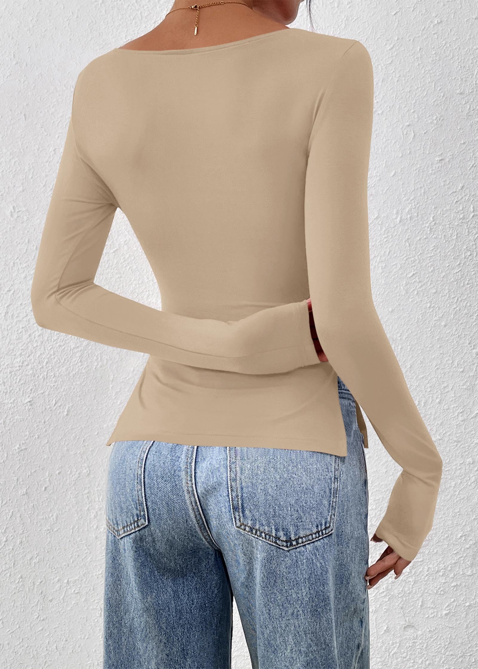 FreshPretty Long Sleeve Shirts for Women Fall Casual Boat Neck Knit Workout Going Out Tops Fitted Side Slit Basic Tees