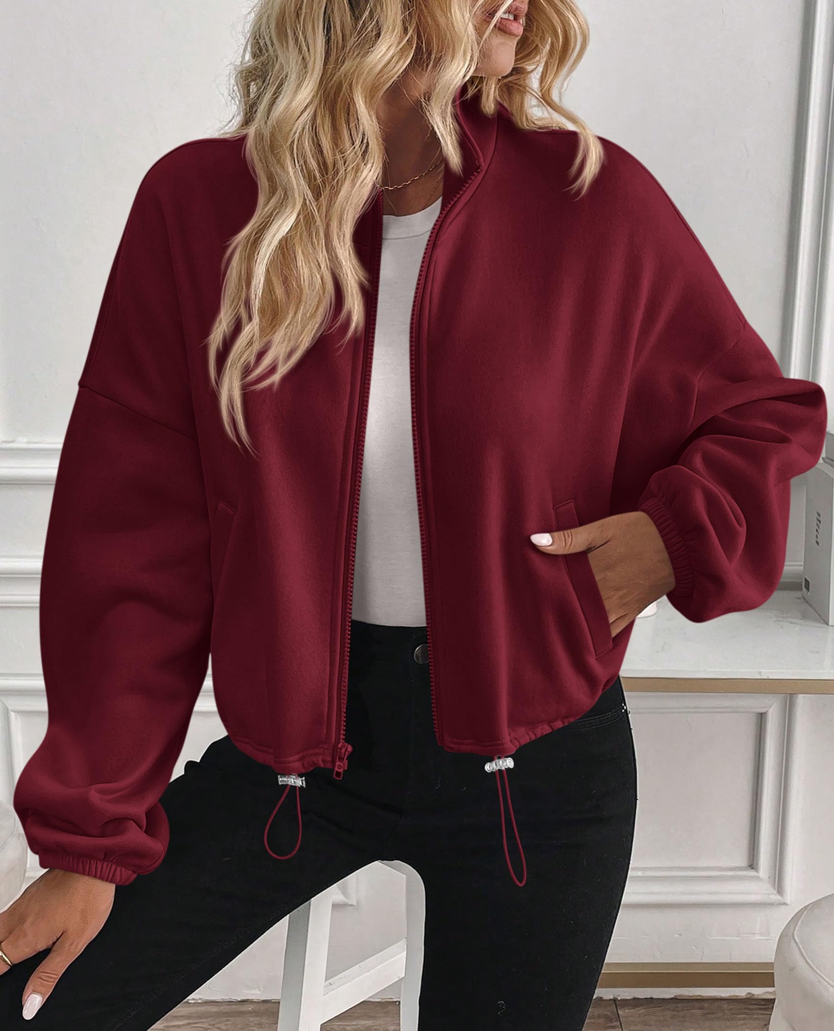 PRETTYGARDEN Womens Zip Up Fleece Cropped Sweatshirt Jacket Oversized Loose Soft Stand Collar with Drawstring Hem, Long Sleeve Casual Coat With Pockets, Fall Outfits Winter Clothing