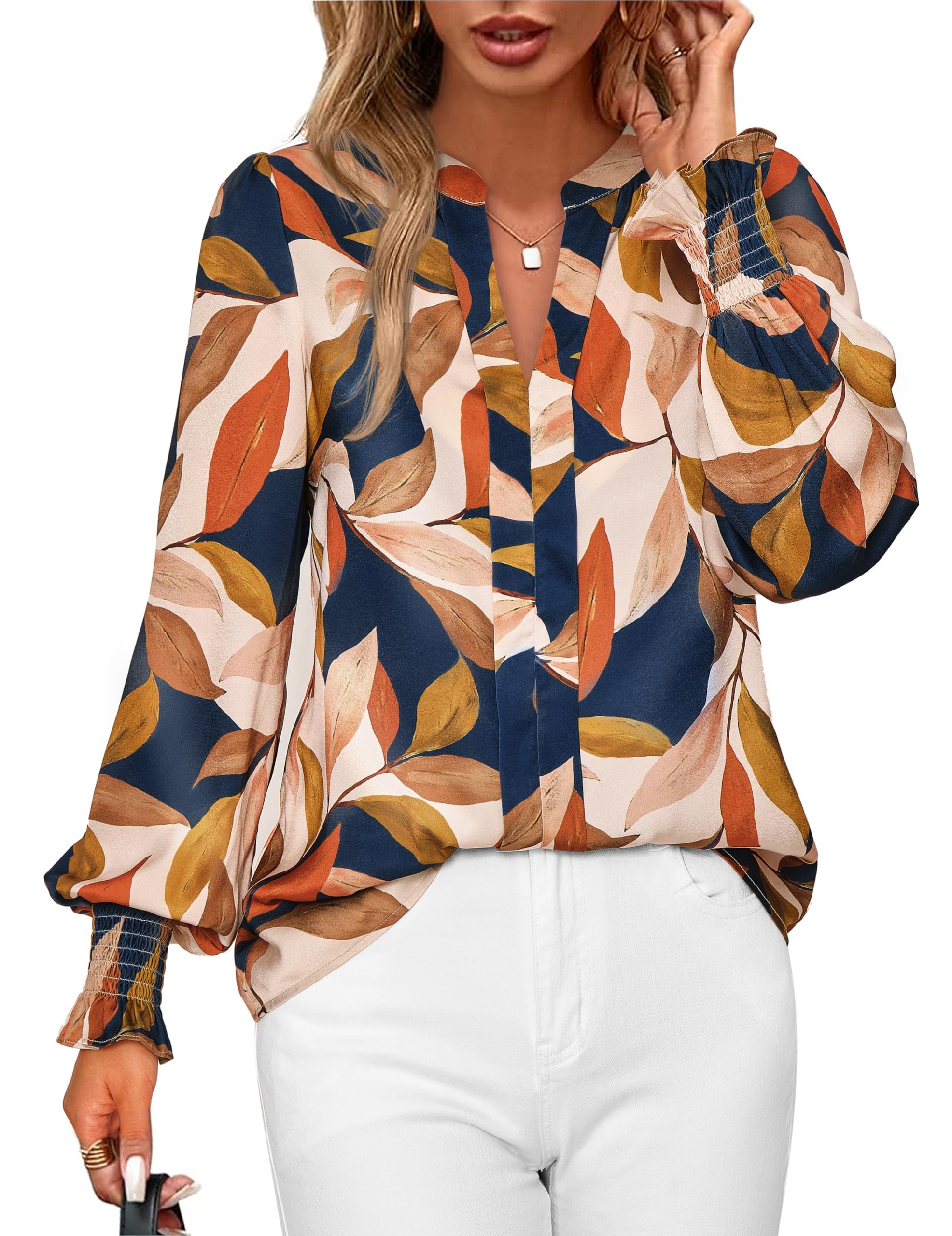 FreshPretty Womens Boho Floral Long Sleeve Tops Fall Fashion V Neck Loose Chiffon Work Blouses Dressy Casual Ruffle Shirts
