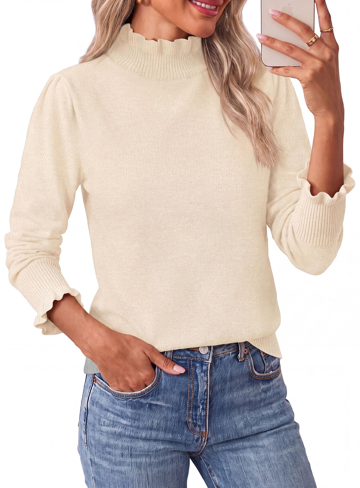 PRETTYGARDEN Women's Fall Cozy Sweaters Trendy Ruffle Mock Neck Pullover Soft Stretchy Warm, Ribbed Knit, Cute Tops, Puff Long Sleeve Blouses, Dressy Casual Shirts,Winter Clothing