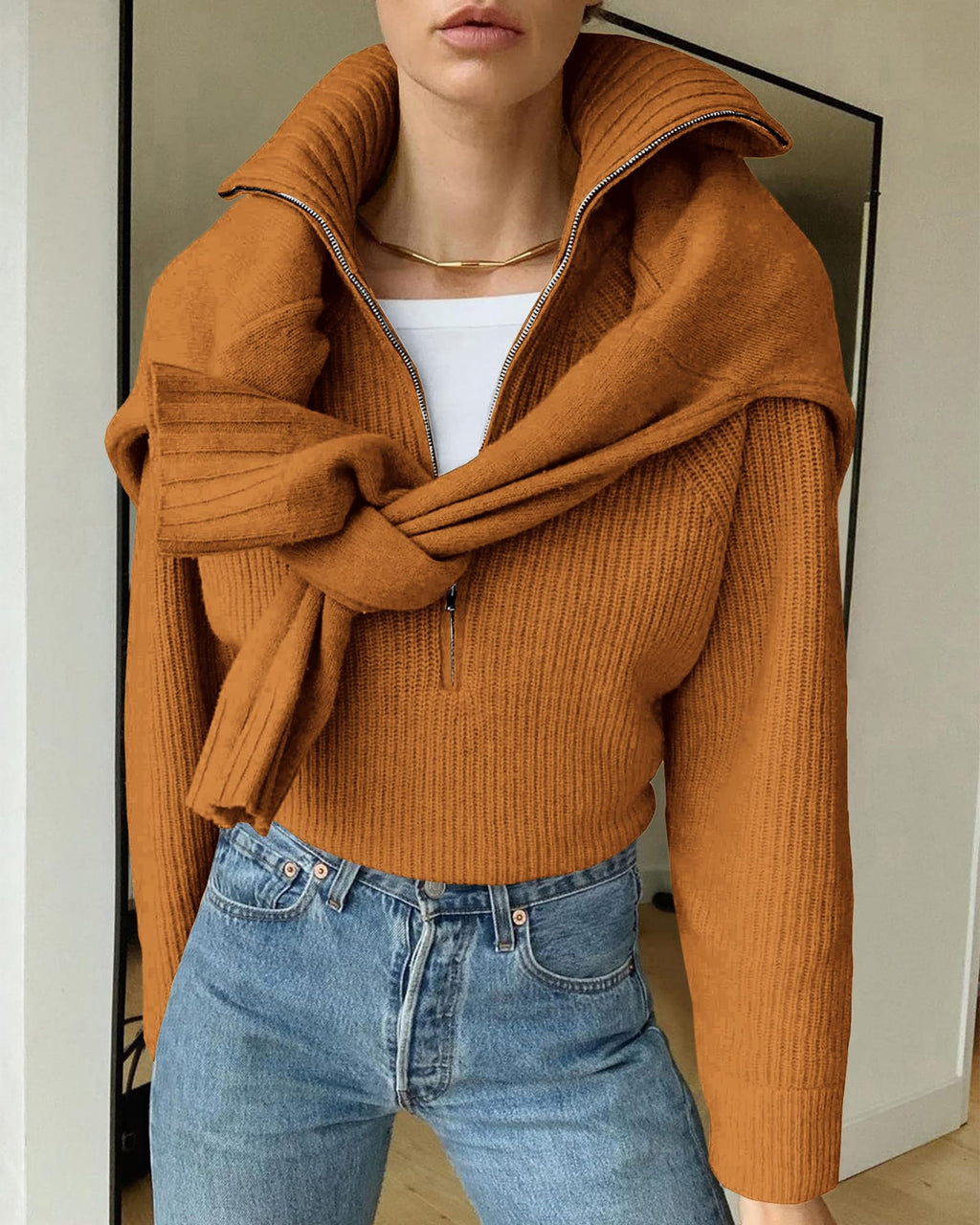 FreshPretty Womens Sweaters Quarter Zip Pullover V Neck Collar Long Sleeve Ribbed Knit Loose Casual Winter Fall Sweater