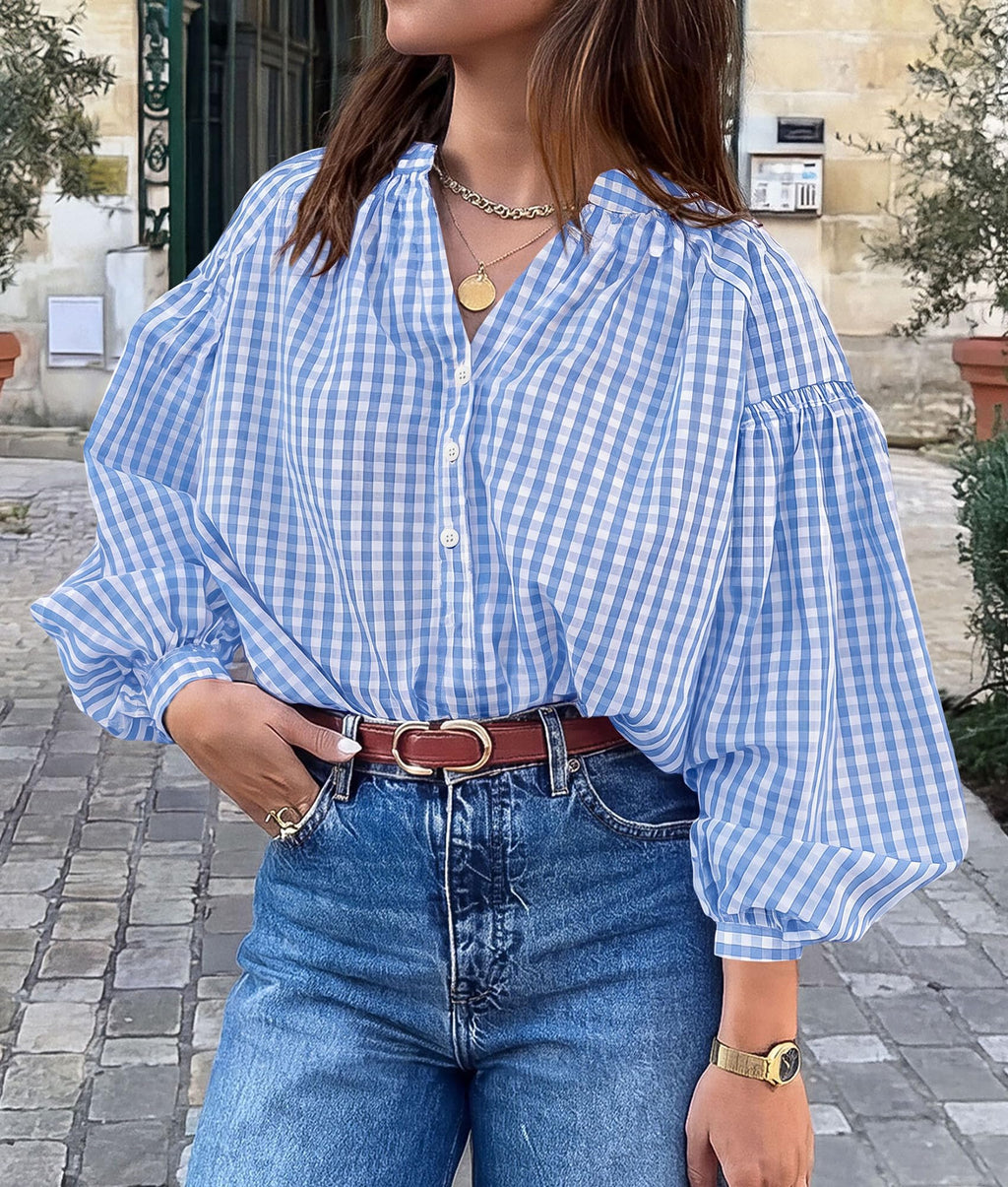 PRETTYGARDEN Women Fall Plaid Long Puff Sleeve Shirts V Neck Casual Blouses Gingham Button Down Oversized, Pleated Drop Shoulder Cotton Tops, Dressy Casual, Work Vacation Travel, Fall Outfits Trendy