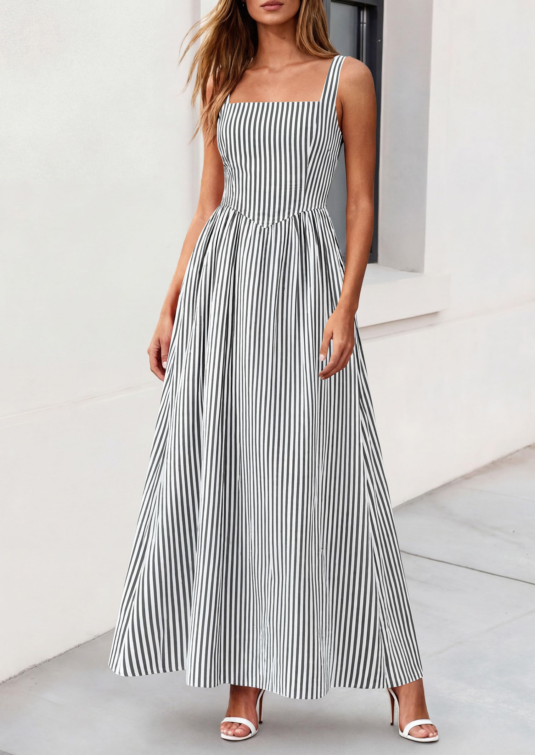 PRETTYGARDEN Women's Maxi Striped Dress Summer Sleeveless Square Neck Smocked A Line Long Flowy Spring Vacation Sundress