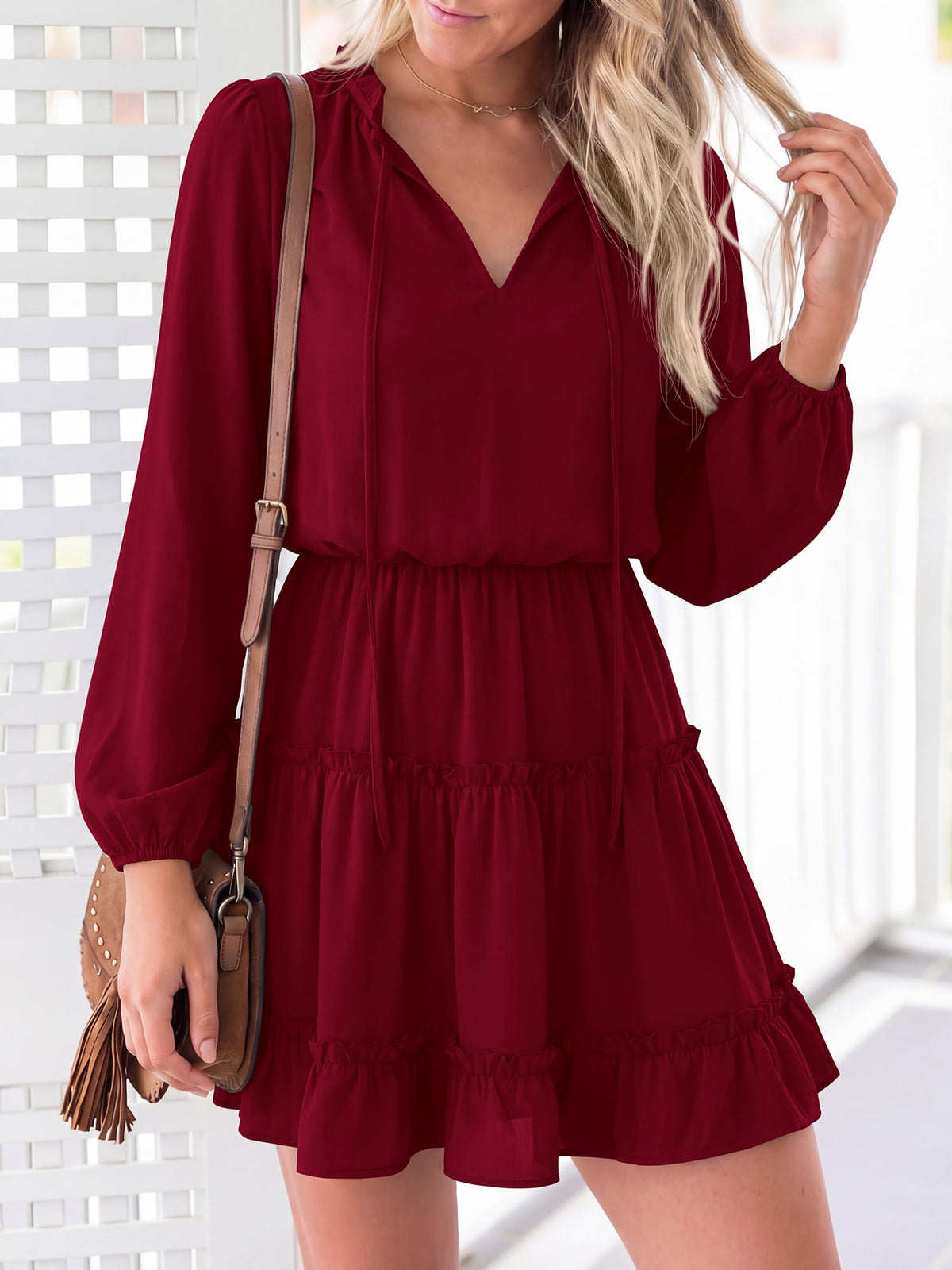 BTFBM Long Sleeve Summer Dresses for Women Casual Tie Neck Ruffle Tiered A Line Mini Spring Wedding Guest Dress