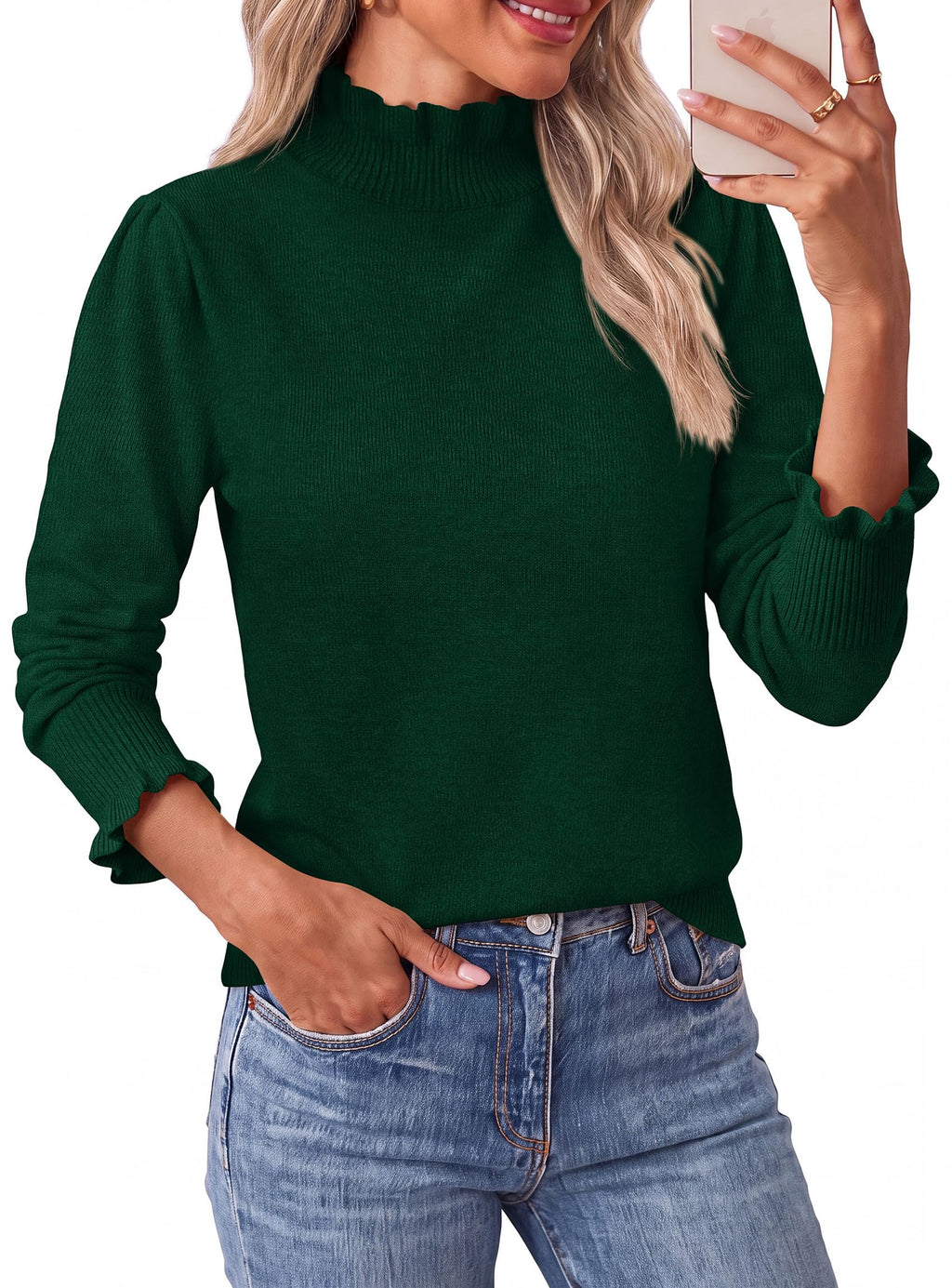 PRETTYGARDEN Women's Fall Cozy Sweaters Trendy Ruffle Mock Neck Pullover Soft Stretchy Warm, Ribbed Knit, Cute Tops, Puff Long Sleeve Blouses, Dressy Casual Shirts,Winter Clothing