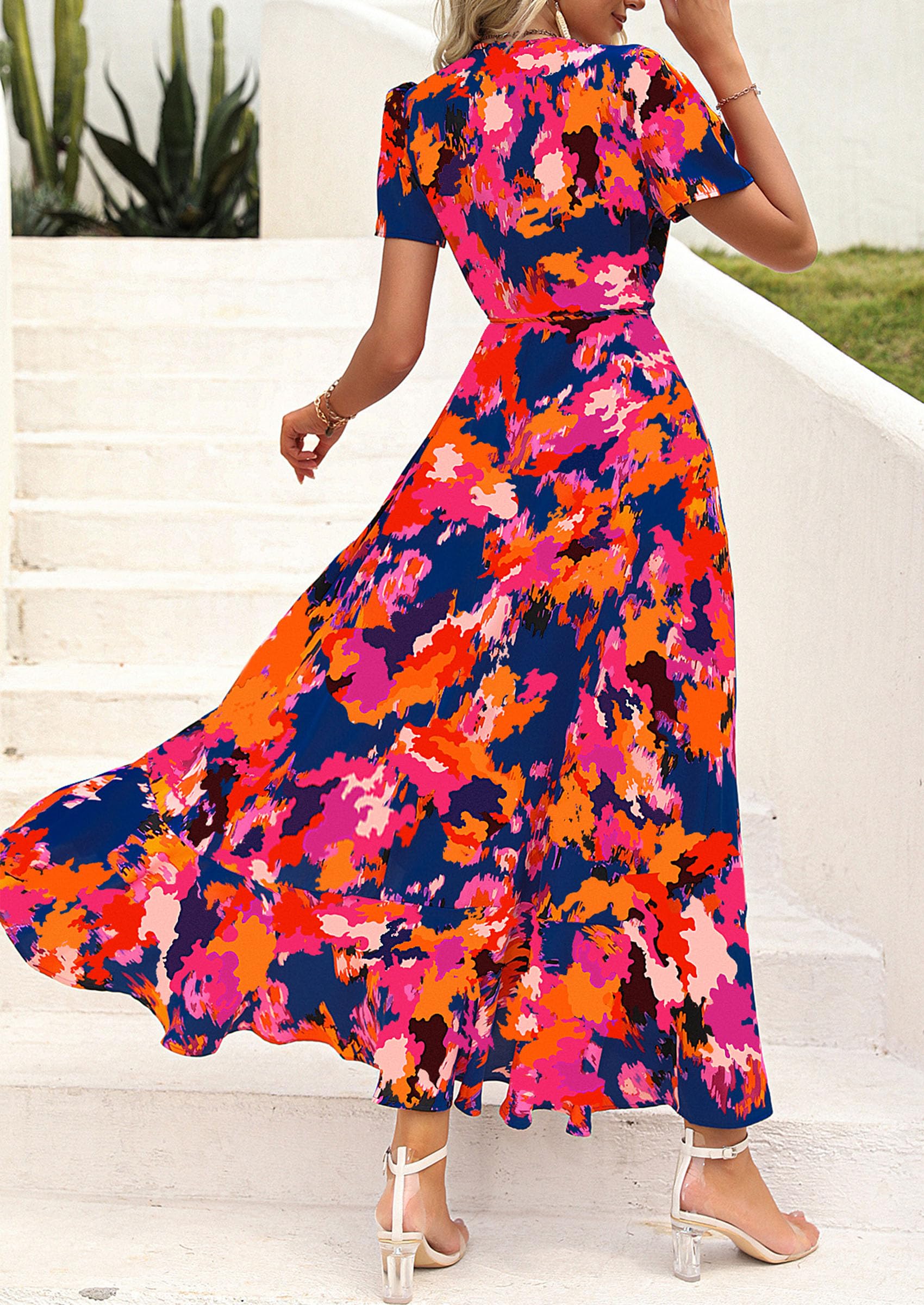 PRETTYGARDEN Women's Summer Maxi Dress Casual Wrap Floral Boho Short Sleeve V Neck Split Ruffle Beach Long Dresses