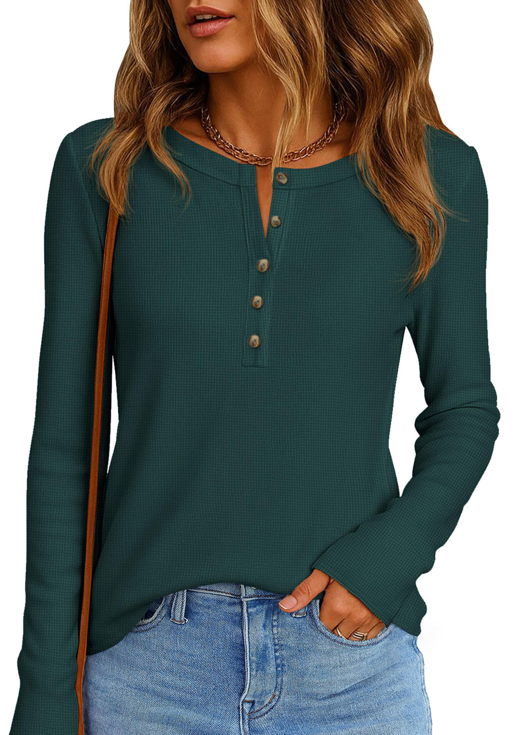 PRETTYGARDEN Women's Long Sleeve Waffle Knit Shirts Fall Casual Button Up Henley V Neck Tunic Tops Loose Fit Basic Tees