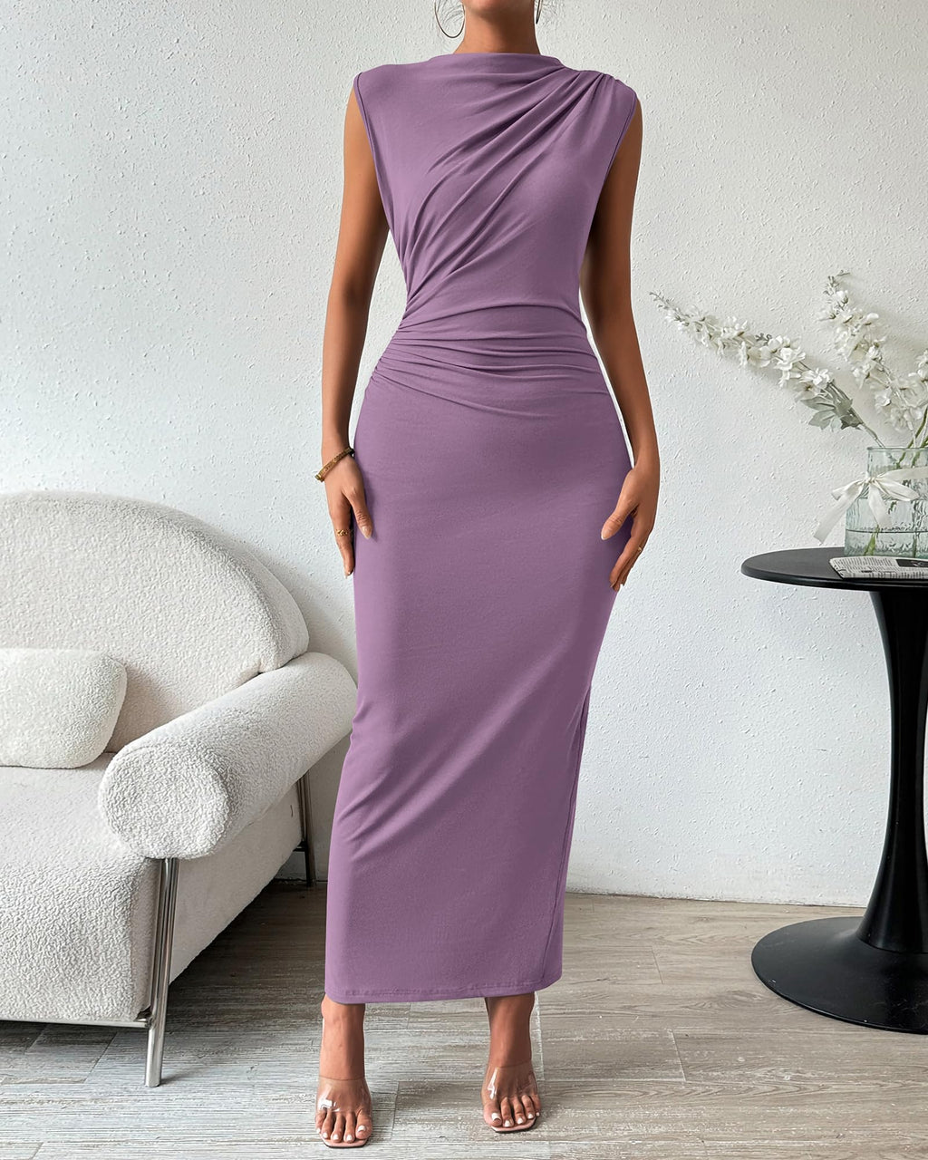 BTFBM Women's Ruched Bodycon Dress Summer Casual Sleeveless Lightweight Back Slit Elegant Club Party Cocktail Maxi Dresses