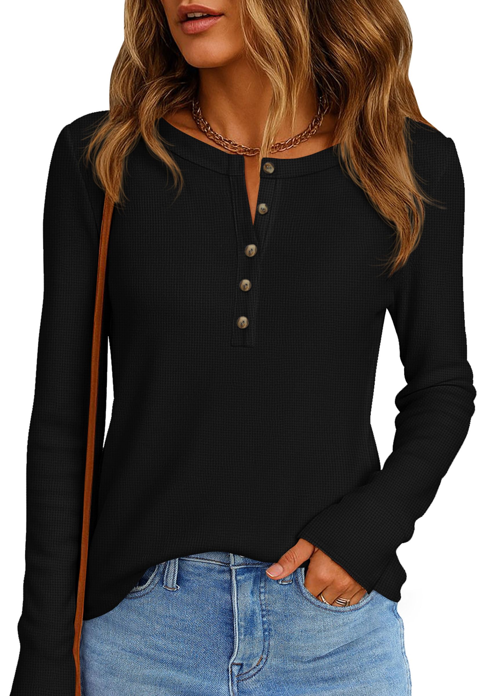PRETTYGARDEN Women's Long Sleeve Waffle Knit Shirts Fall Casual Button Up Henley V Neck Tunic Tops Loose Fit Basic Tees
